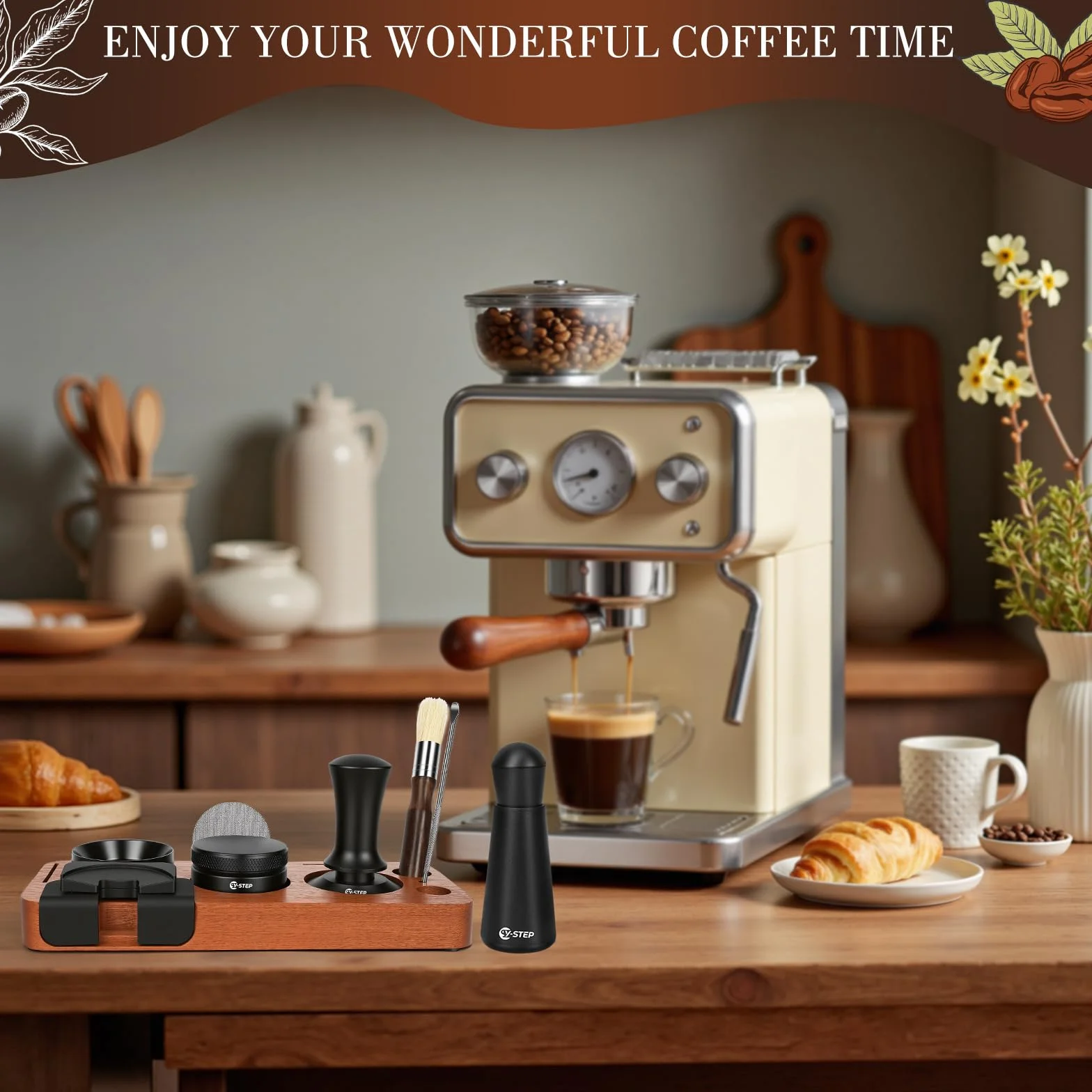 Y-Step Lot de 8 accessoires pour expresso - Tamper à café 51 mm avec station de tamper, Coffee Leveler, outil WDT, bague de dosage, brosse de nettoyage, puck screen, agitateur, pour machine à expresso