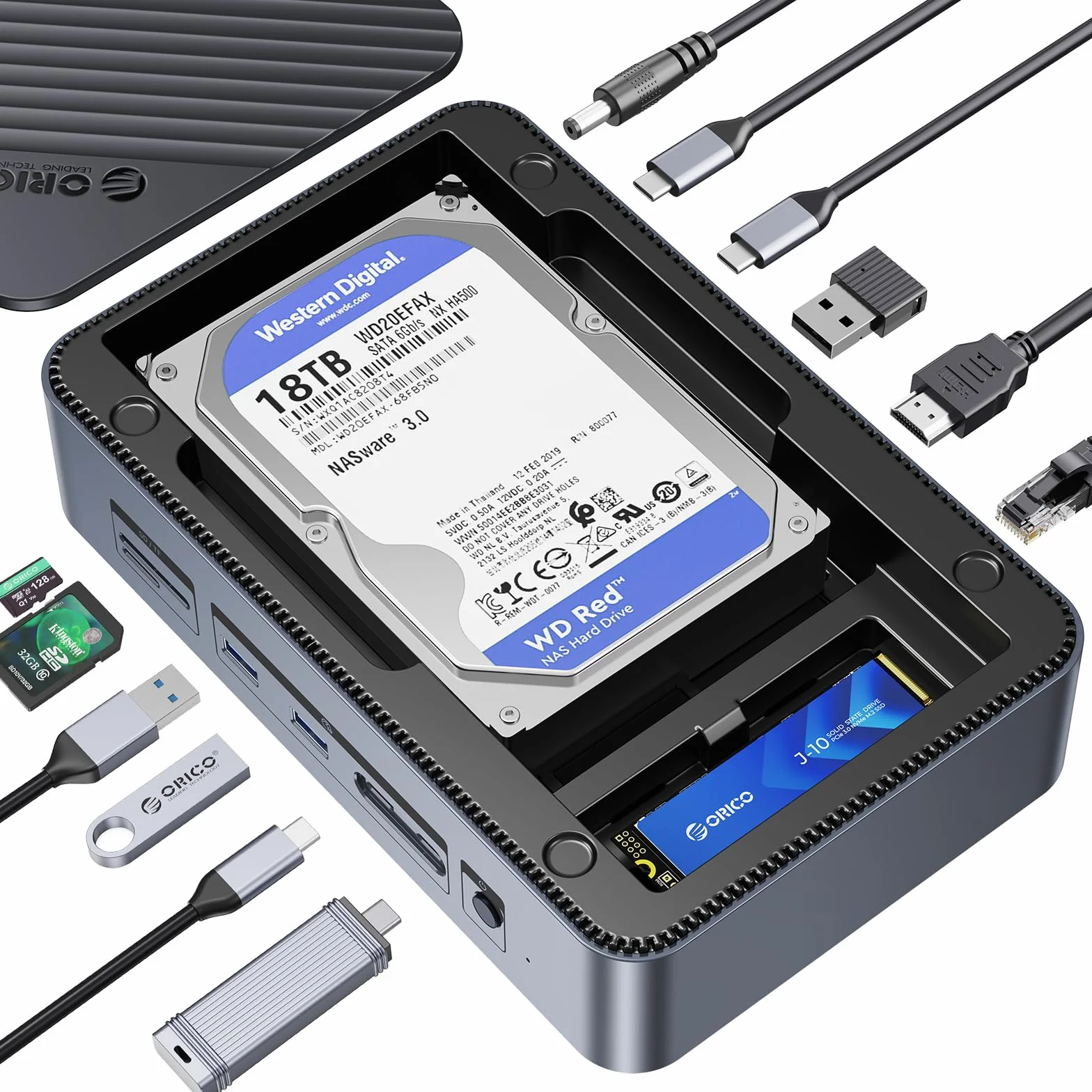 ORICO Stacja dokująca USB-C 12 w 1 z podwójnym gniazdem SSD – obsługuje M.2 NVMe/SATA i napędy SATA 2,5"/3,5" do 26 TB, 10 Gbps USB, 4K HDMI @ 60 Hz D35M2-V1