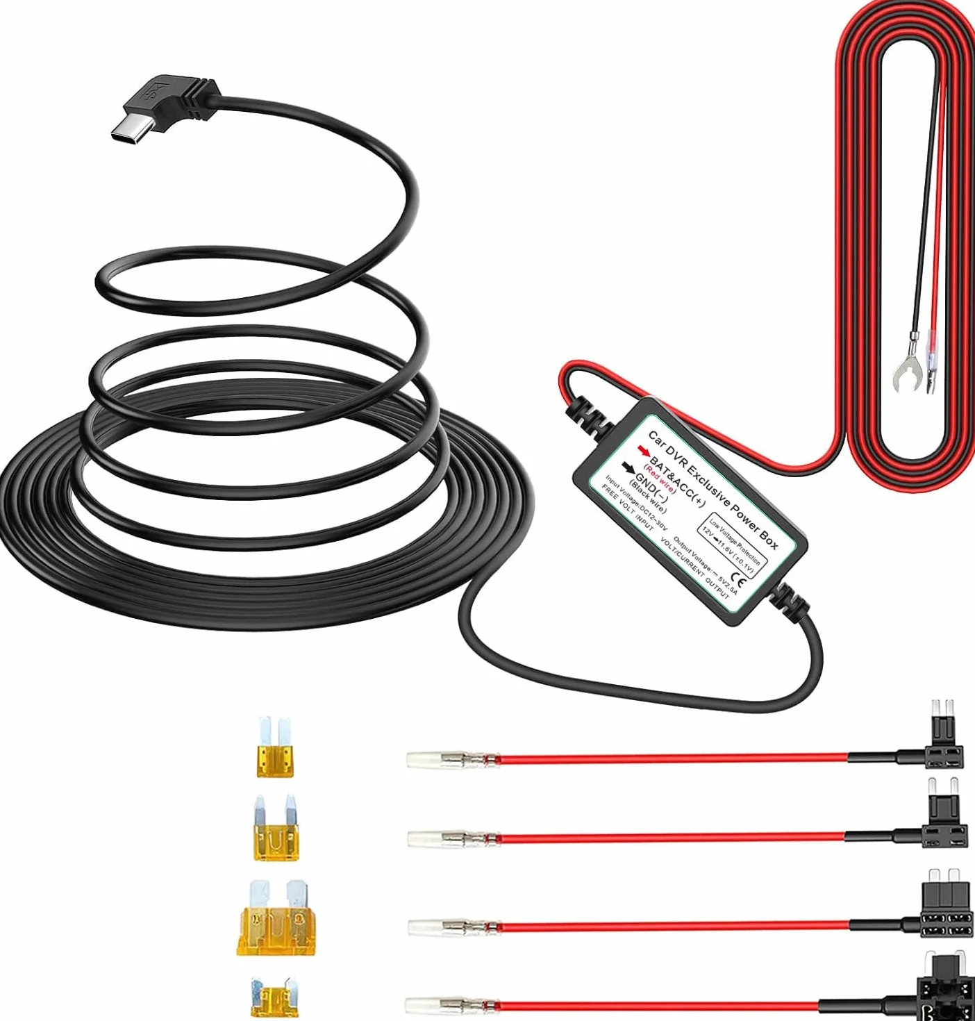 GUUZI 12V-24V do 5V/2,5A zestaw okablowania USB C do kamery samochodowej Ładowarka do kamery samochodowej Przewód zasilający do kamery samochodowej USB typu C, długość 320 cm