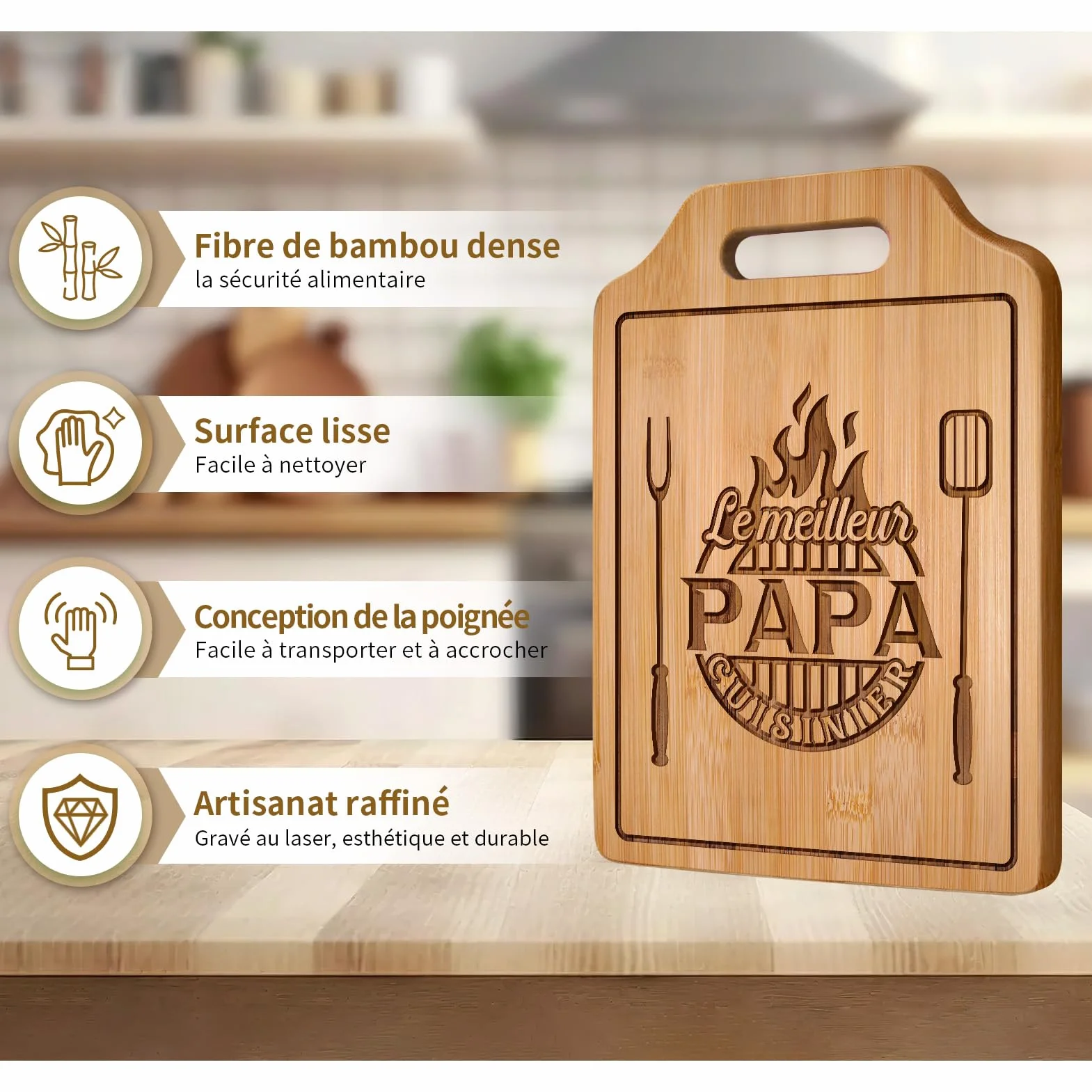 Planche à Découper en Bambou Gravée Cadeau Fête des Pères 31,2×22,0×1,0 cm