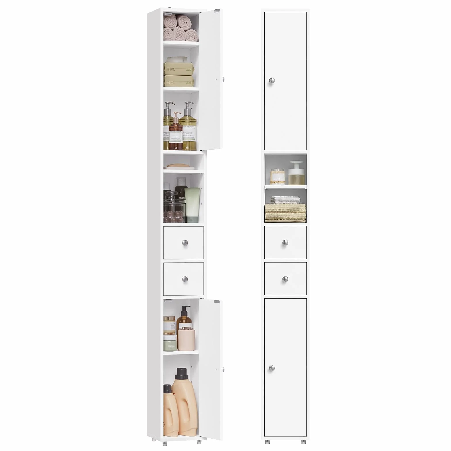 EUGAD Meuble Colonne de Salle de Bains, Armoire Rangement WC avec 2 Tiroirs, 2 Portes, Étagères Réglables et Compartiments Ouverts, Blanc, 20x20x180cm