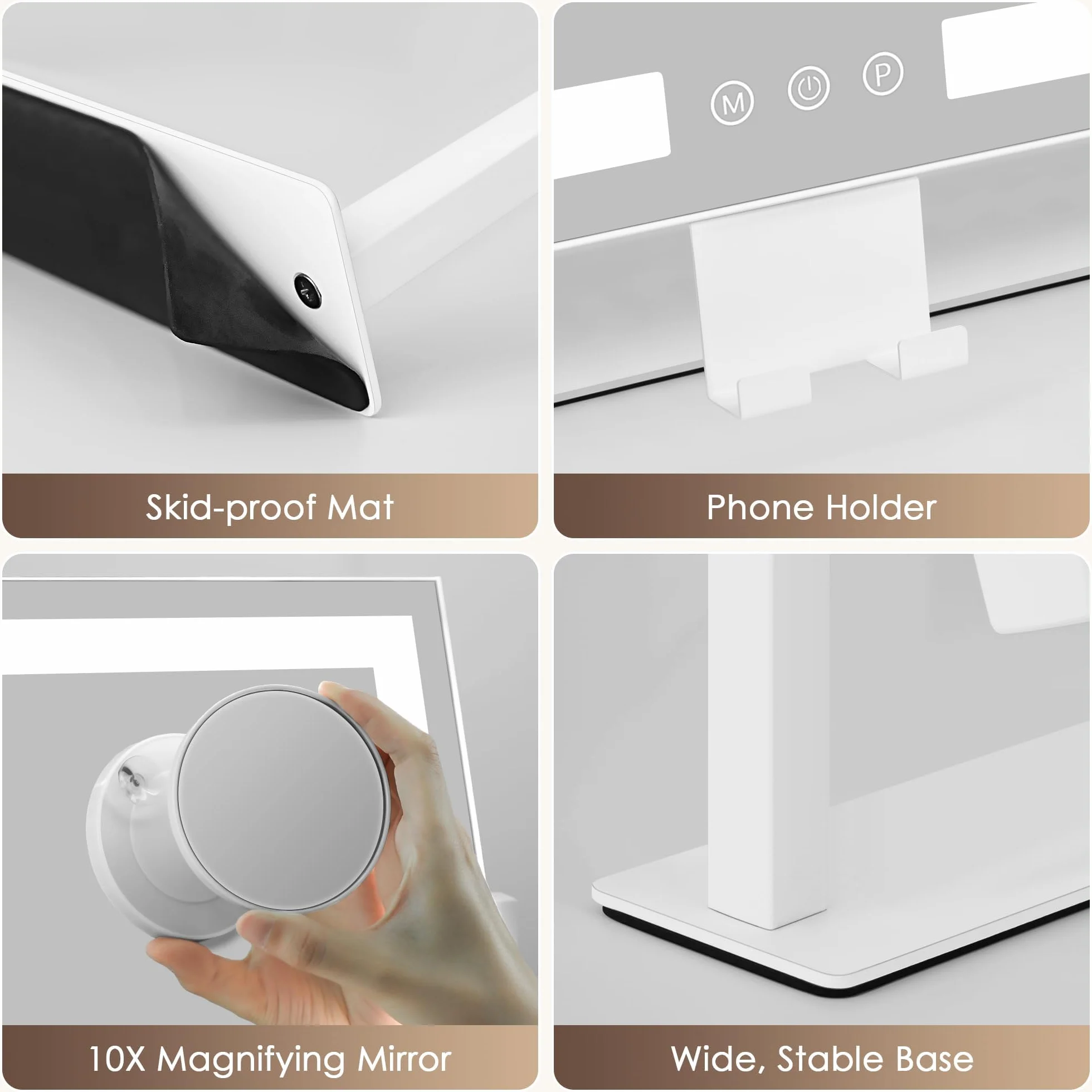 Kottova Miroir de Maquillage avec lumières, Miroir de Table 30x36 cm, 3 Modes d’éclairage réglables par capteur Tactile, Miroir grossissant Amovible 15X (Petit miroi Rond), Cadre en métal – Blanc