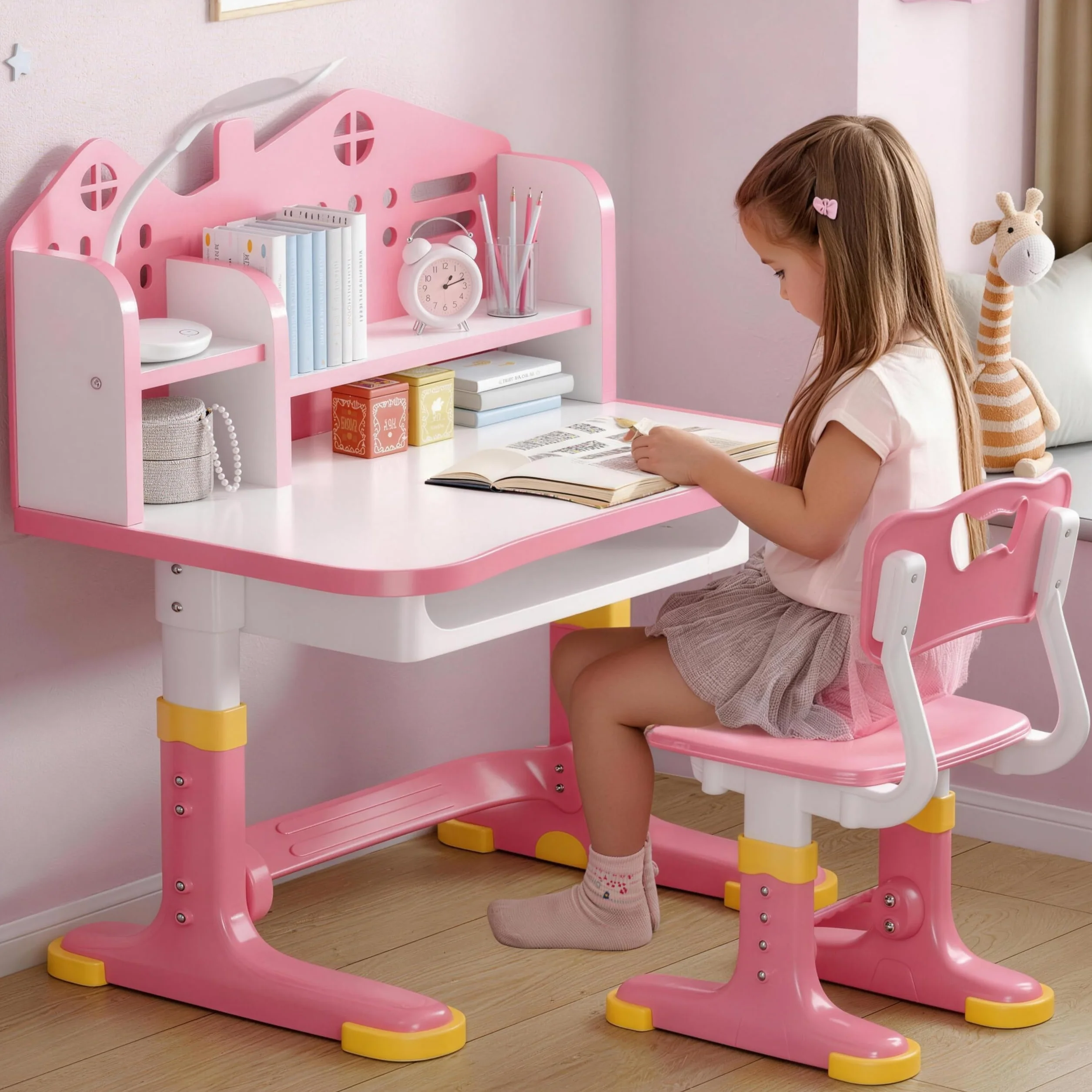 Ensemble de bureau pour enfant avec chaise réglable en hauteur, bureau d'apprentissage avec dossier château, surface de travail élargie, support de livre et tiroir de rangement pour chambre
