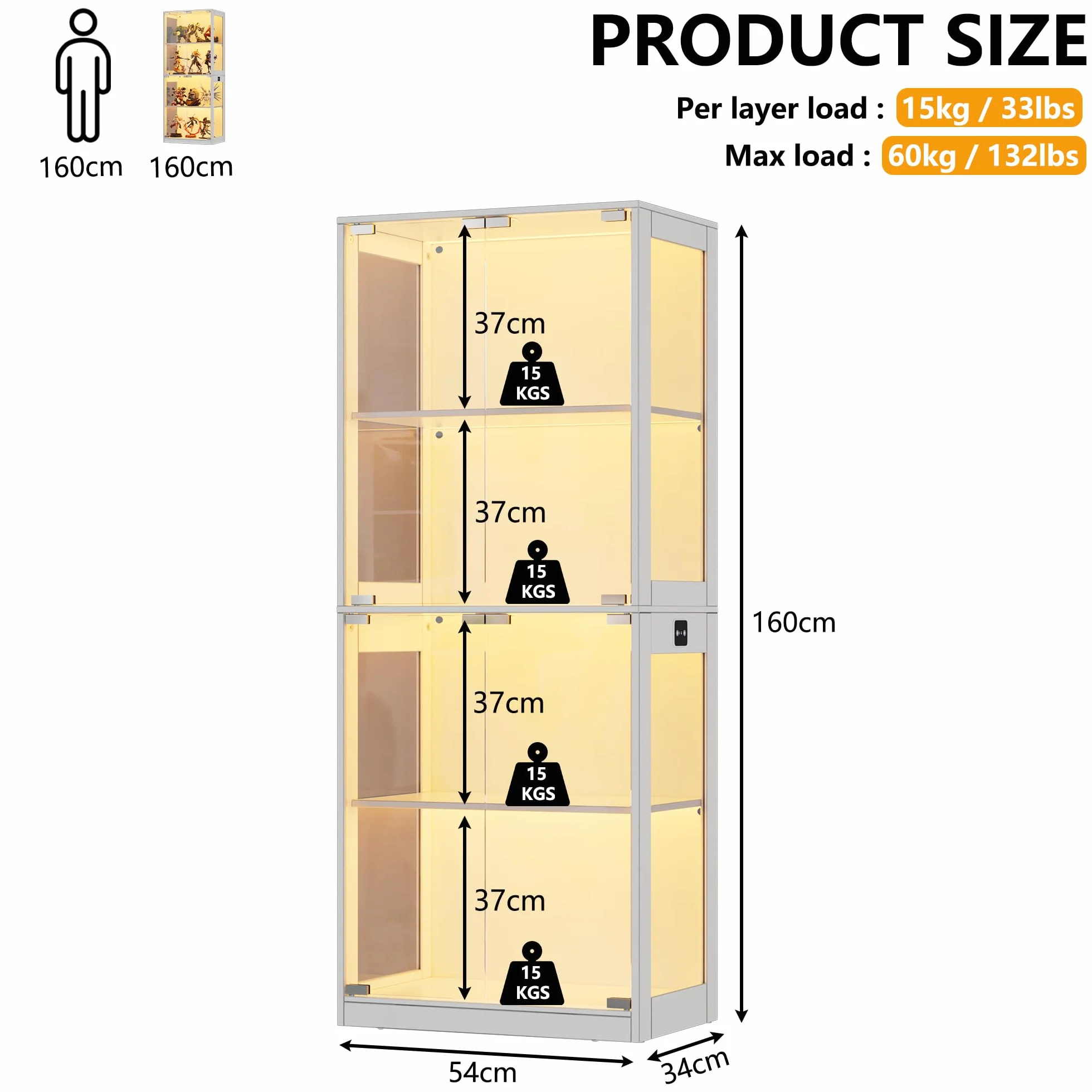 MSFE Vitrine en Verre avec LED, Vitrine pour Collection avec Capteur Intelligent, 4 Couches Multifonction en Verre Debout,Armoir Moderne, Armoire de Salon, Capacité de Charge par Couche: 15 kg, Blanc