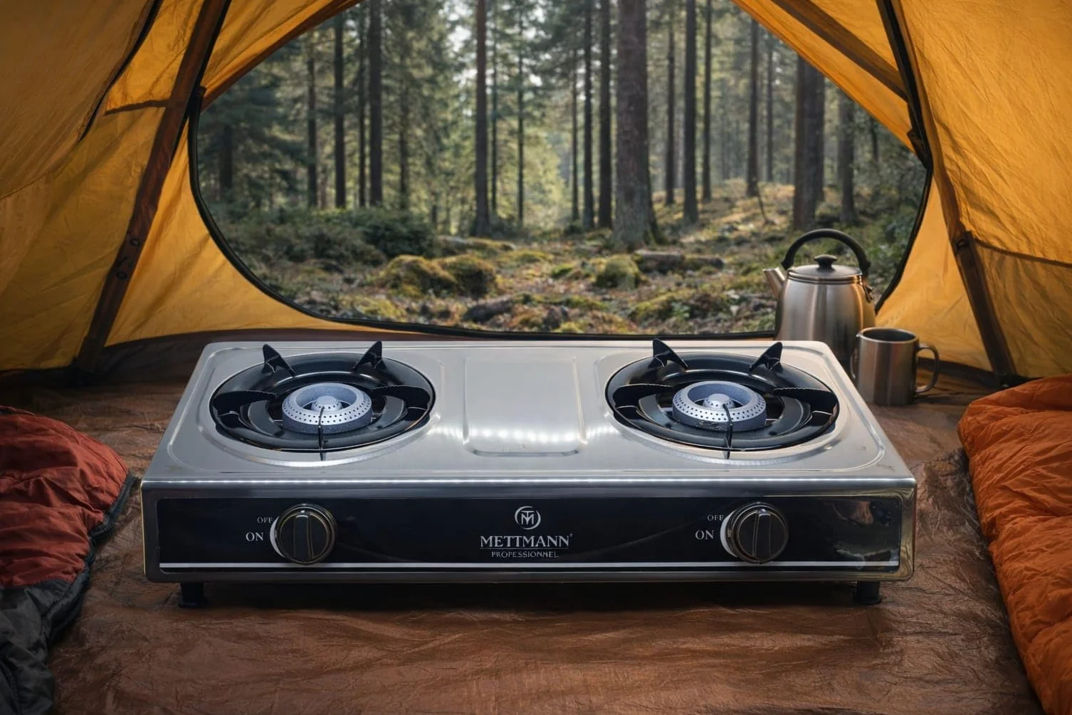 Réchaud Gaz Double 2 Brûleurs 2.9/2.9 kW, Allumage Piézo, Acier Inoxydable Facile à Nettoyer. Portable, Autoportant, Idéal Intérieur, Extérieur, Caravane, Camping. Puissance totale 5.8kW