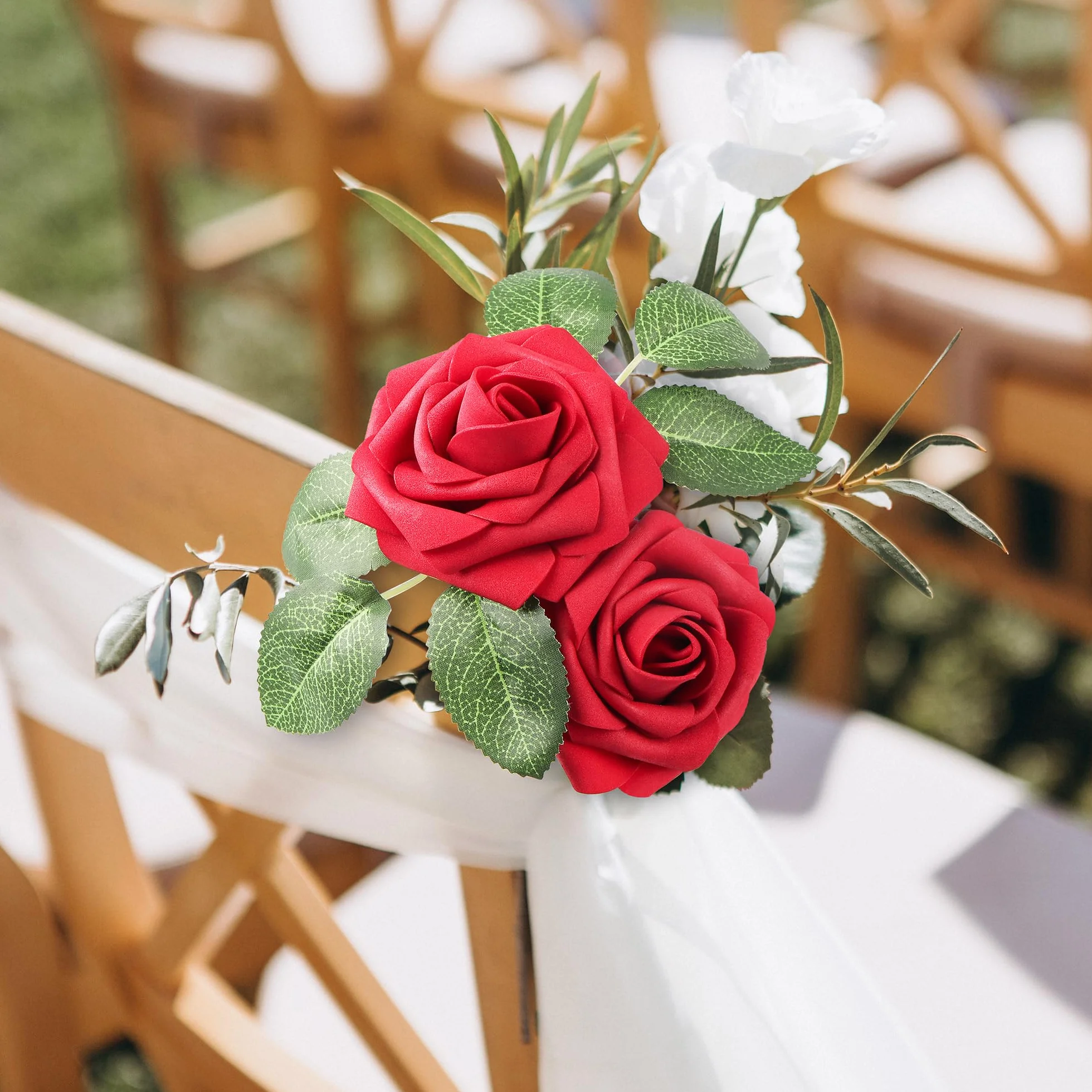 Mocoosy 50Pcs Rouges Roses Fleurs Artificielles, Faux Roses Latex Rouge Foncé avec Tige pour Mariage Bouquets Décorations