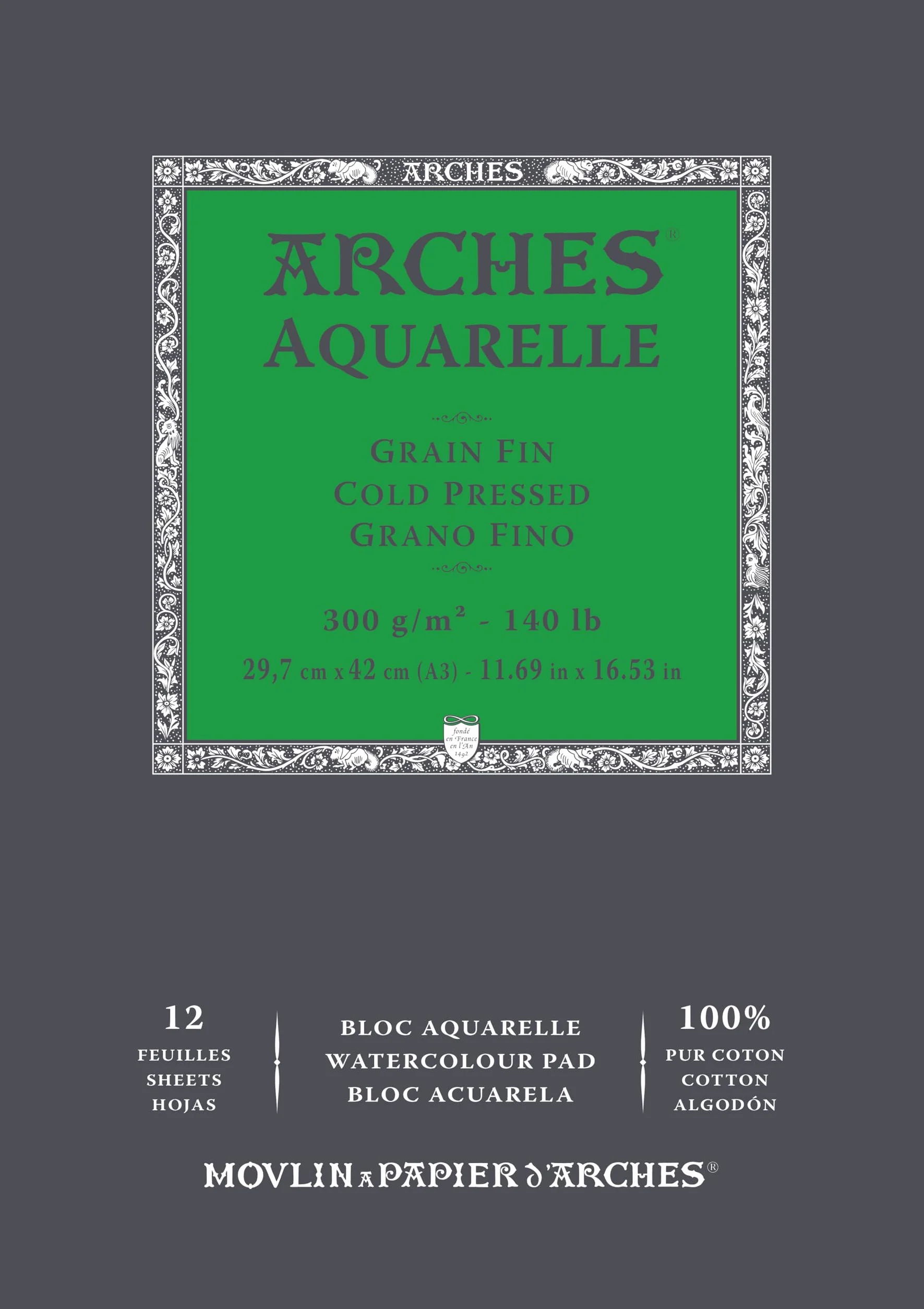 ARCHES Aquarelle Bloc 12 feuilles 29,7x42 collé petit côté 300g/m² grain fin blanc naturel 4 bords francs