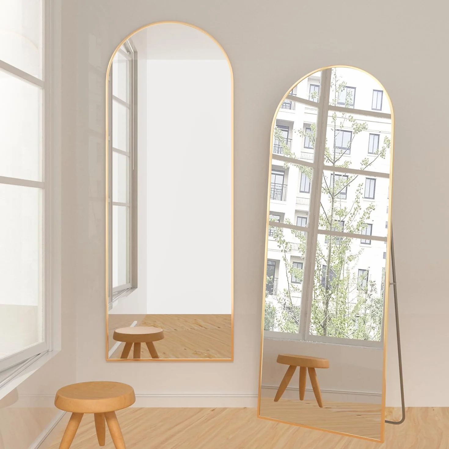 Grand Miroir Pleine Longueur Arqué 162 x 53 cm Doré Mural avec Support Suspendre ou Appuyer