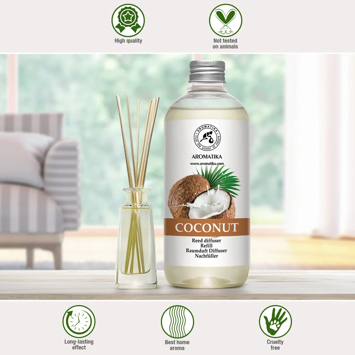 Recharge Diffuseur Parfum Coco 500ml - Reed Diffuser Refill - Assainisseur d'Air Longue Durée