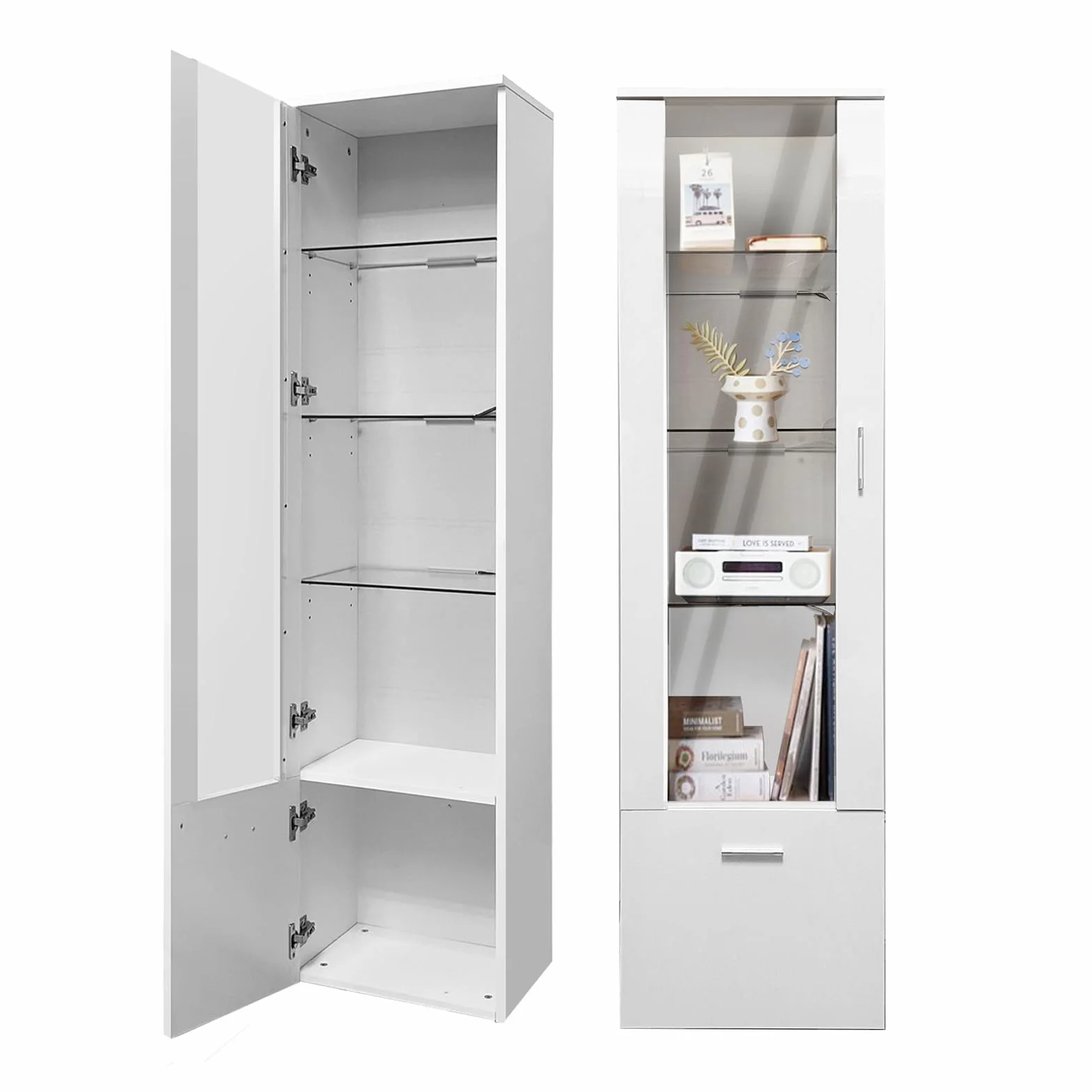 Lot de 2 Vitrines LED avec Porte et Etagères en Verre, Lumières Armoire à Meuble de Rangement pour Salon Bureau, 42 x 30 x 160 cm (Blanc)