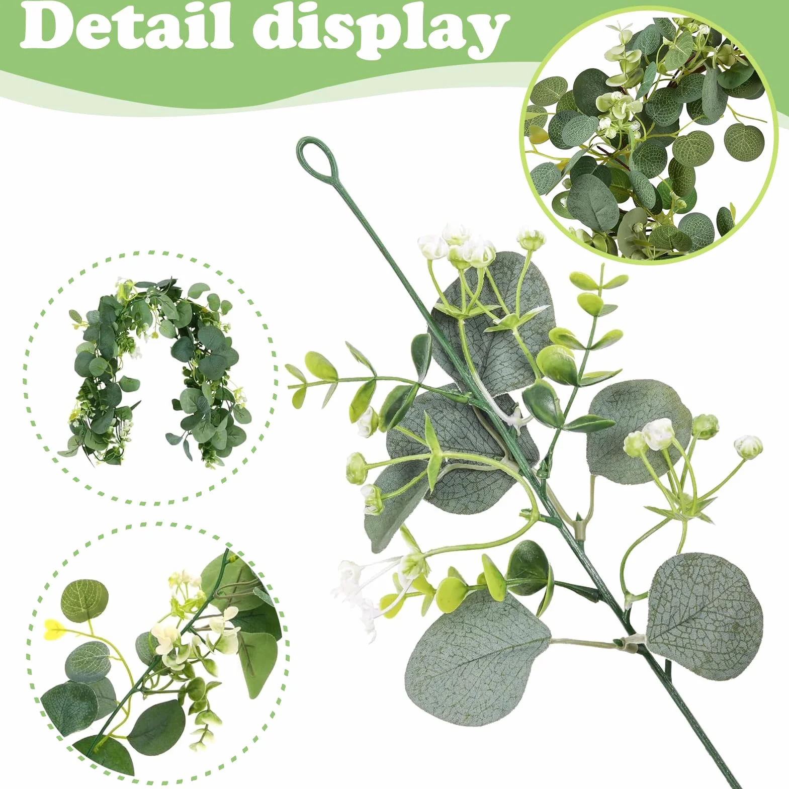 Guirlandes Artificielles d'Eucalyptus 1.8m avec Fleurs Blanches pour Mariage, Salon, Mur
