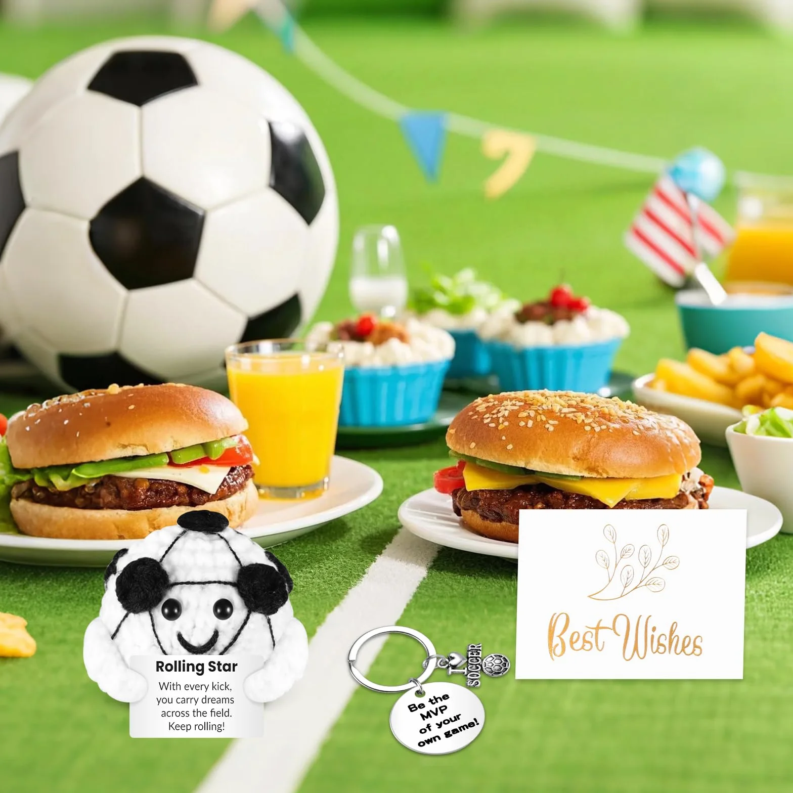 Football avec Message Positif Tricotée Poupée en Laine avec Porte-clés Carte de vœux