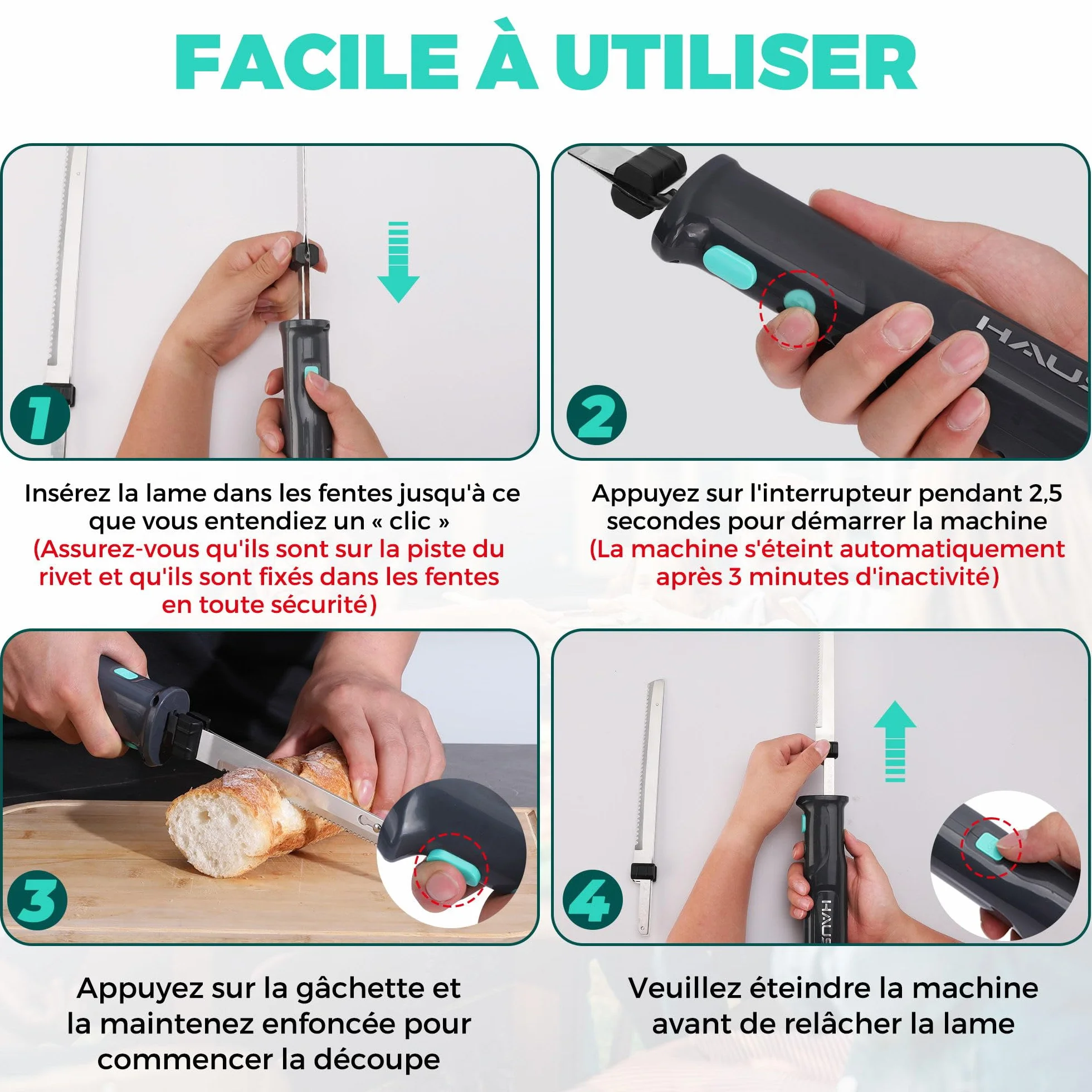 HAUSHOF Couteau à Pain Électrique sans Fil 8V, Lame de 178/203mm et Fourchette, Chargement de Type C, Indicateur d'Alimentation, Lavable au Lave-vaisselle, Couteau de Cuisine pour Viande, Pain, Gris