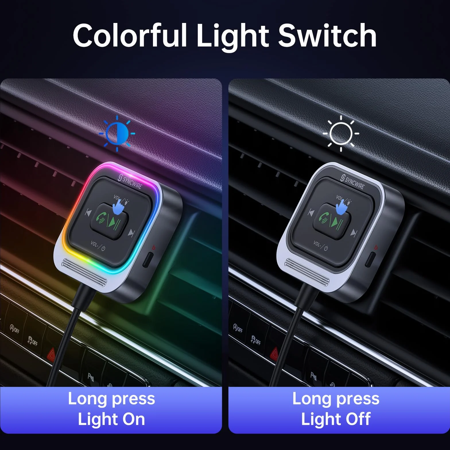 Syncwire Adapter samochodowy Bluetooth 5.4 Duży mikrofon Aux 3.5mm Jack Zestaw odbiornika Bluetooth nawijany kabel Głęboki bas HiFi Kolorowe światło
