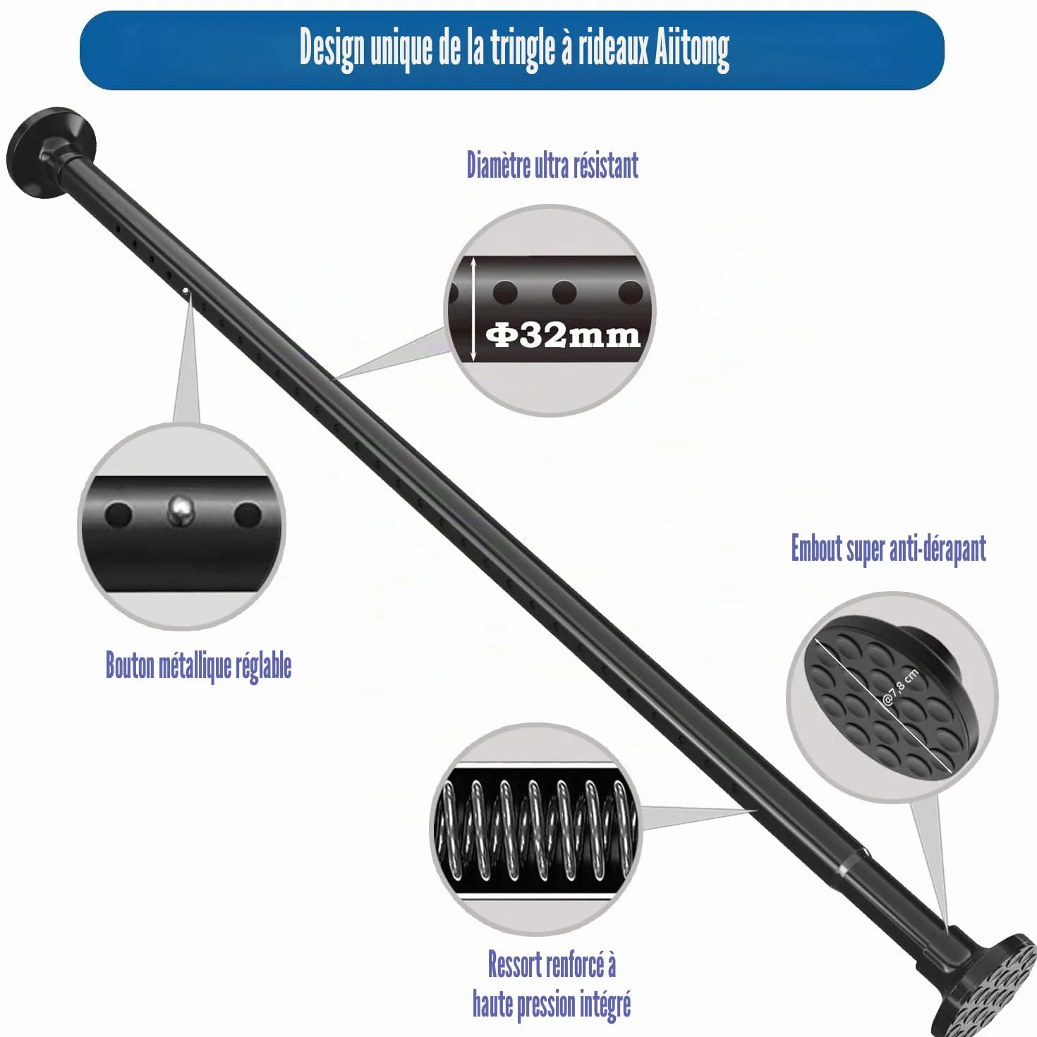 Barre de rideau sans perçage 400 cm de long - Barre de rideau de 4 m de longueur extra - Barre de douche sans perçage - Barre de vêtements extensible pour salle de bain, chambre à coucher - Noir (350