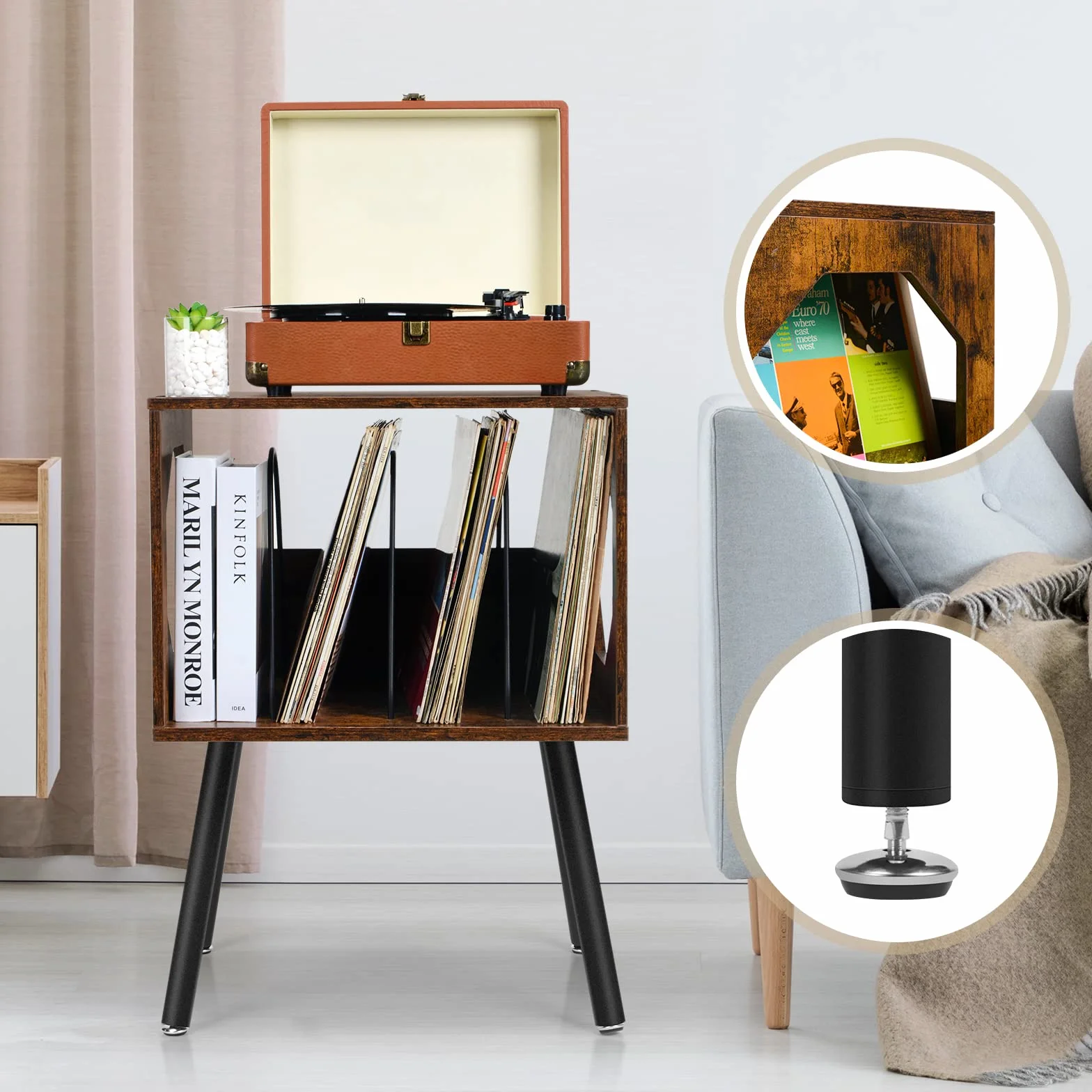 ikkle Support Rustique pour Platine Vinyle avec Pieds en Métal, Pouvant Contenir 150 Disques, Table de Rangement pour Disques Vinyles pour Chambre ou Salon (Marron)