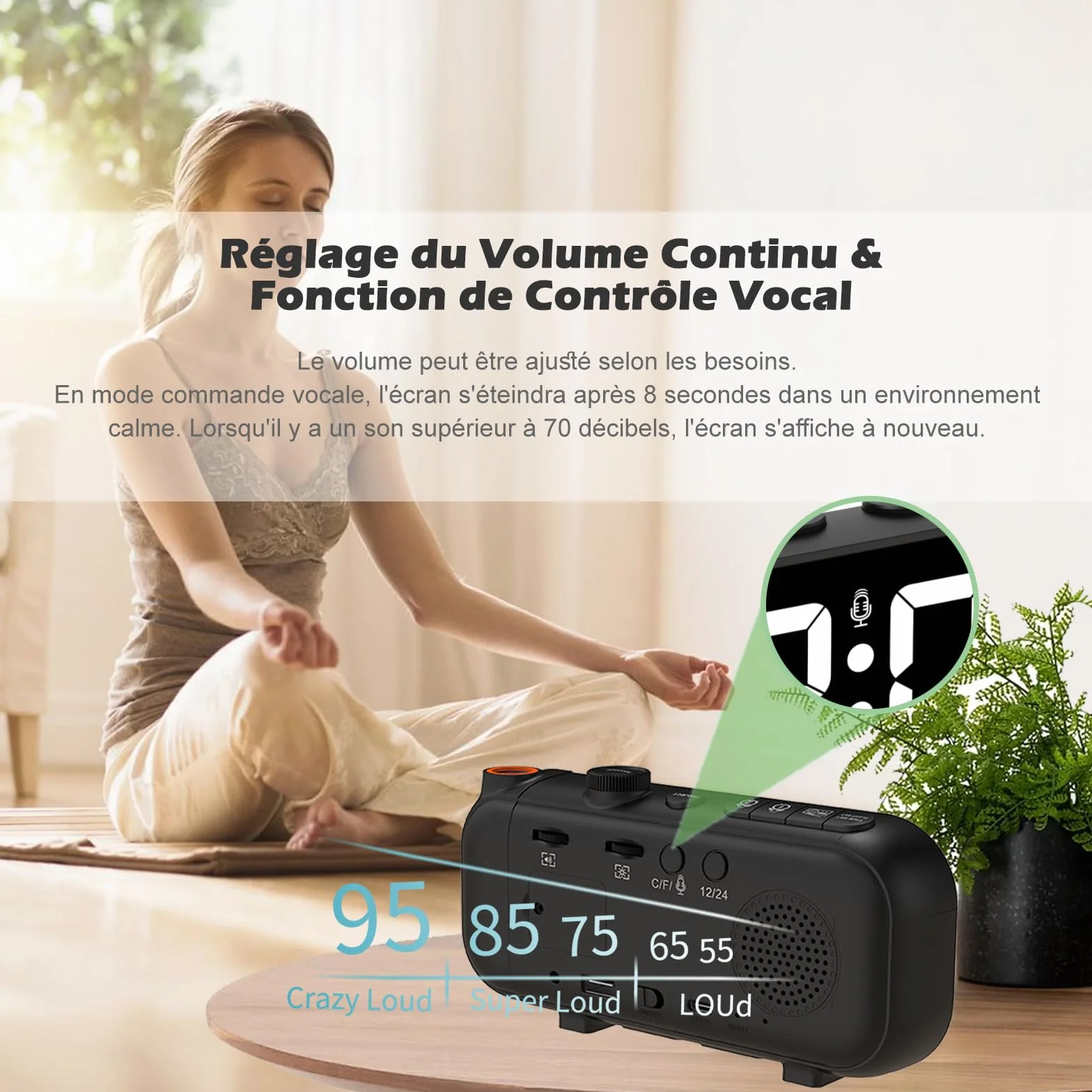 Radio Réveil Numérique avec Projecteur Plafond, Température et Humidité, Double Réveil Snooze, Charge USB - Blanc