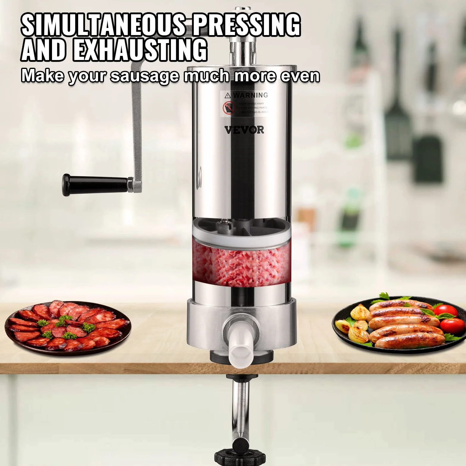 VEVOR Poussoir à Saucisses Manuel 3 L Machine à Saucisses Verticale à Pince de Table Ensacheuse Saucisse en Inox Alimentaire avec 3 Tubes de Remplissage pour Saucissons Restaurant Supermarché