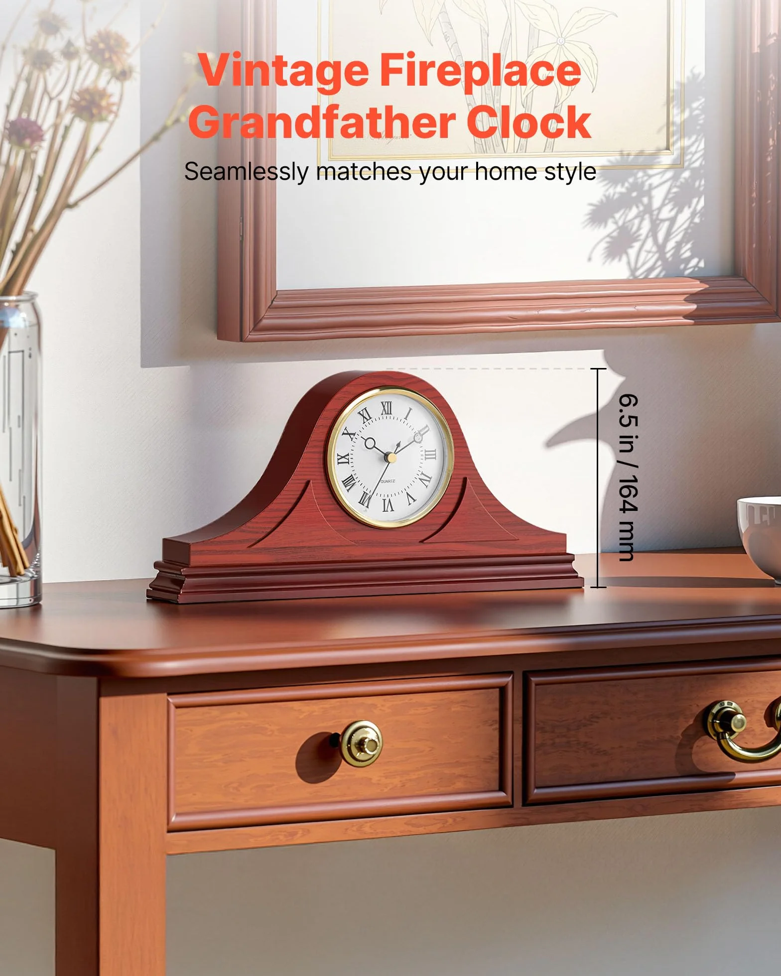 VEVOR Horloge de Cheminée Rétro 164 mm MDF Mouvement Quartz Design Silencieux Décoration Intérieure Finition Bois de Cerisier
