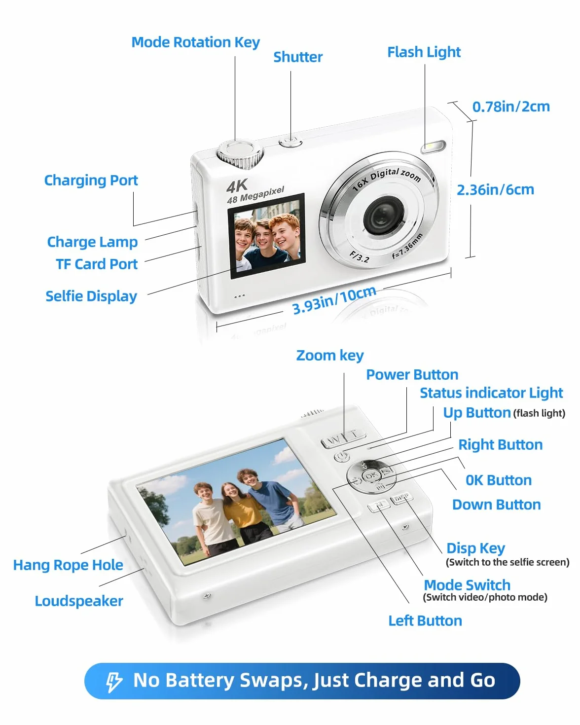 ARNSSIEN Aparat Cyfrowy Podwójnym Ekranem, Autofokus 4K 48MP, Kamera Vlogowa dla Dzieci i Początkujących, z Kartą 32GB, 16X Zoom, Stabilizacja Obrazu, Idealny Prezent dla Chłopców i Dziewcząt,Y5