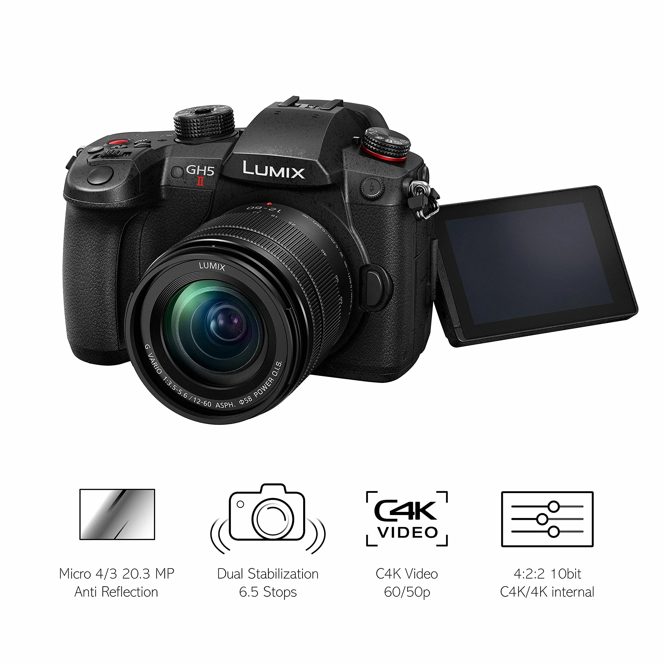 Panasonic DC-GH5M2M Lumix hybrydowy aparat bezlustekowy + obiektyw H-FS12060 12–60mm, F3.5–5.6 (transmisja strumieniowa, Live MOS 20.3MP), czarny