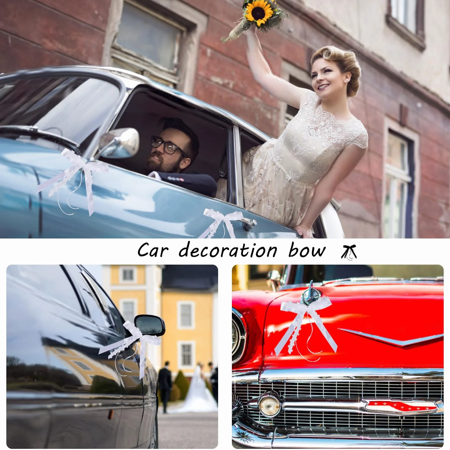 50 Pièces Noeud Voiture Mariage Blanc Décoration Antenne Ruban Satin Fait Main