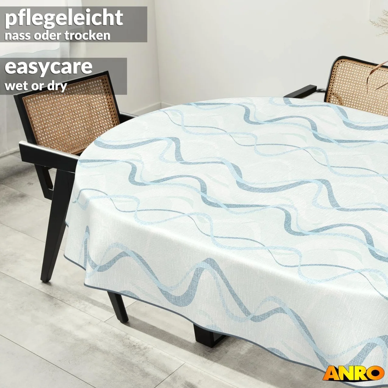 Nappe en Toile cirée Lavable Effet Lotus Imperméable Ovale 200 x 140 cm Bleue Motif Vagues