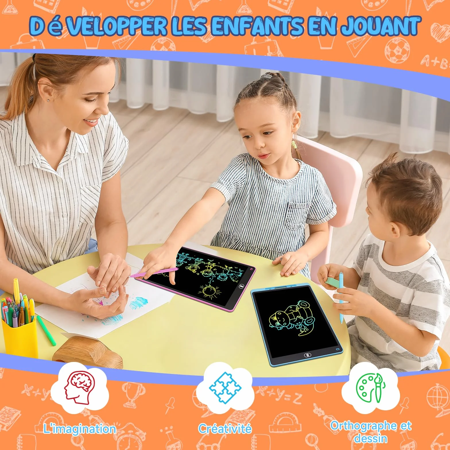 Tablette Dessin Enfant 12 Pouces LCD Colorée Ardoise Magique avec Verrouillage Effacement Jouet Educatif Bleu Rose