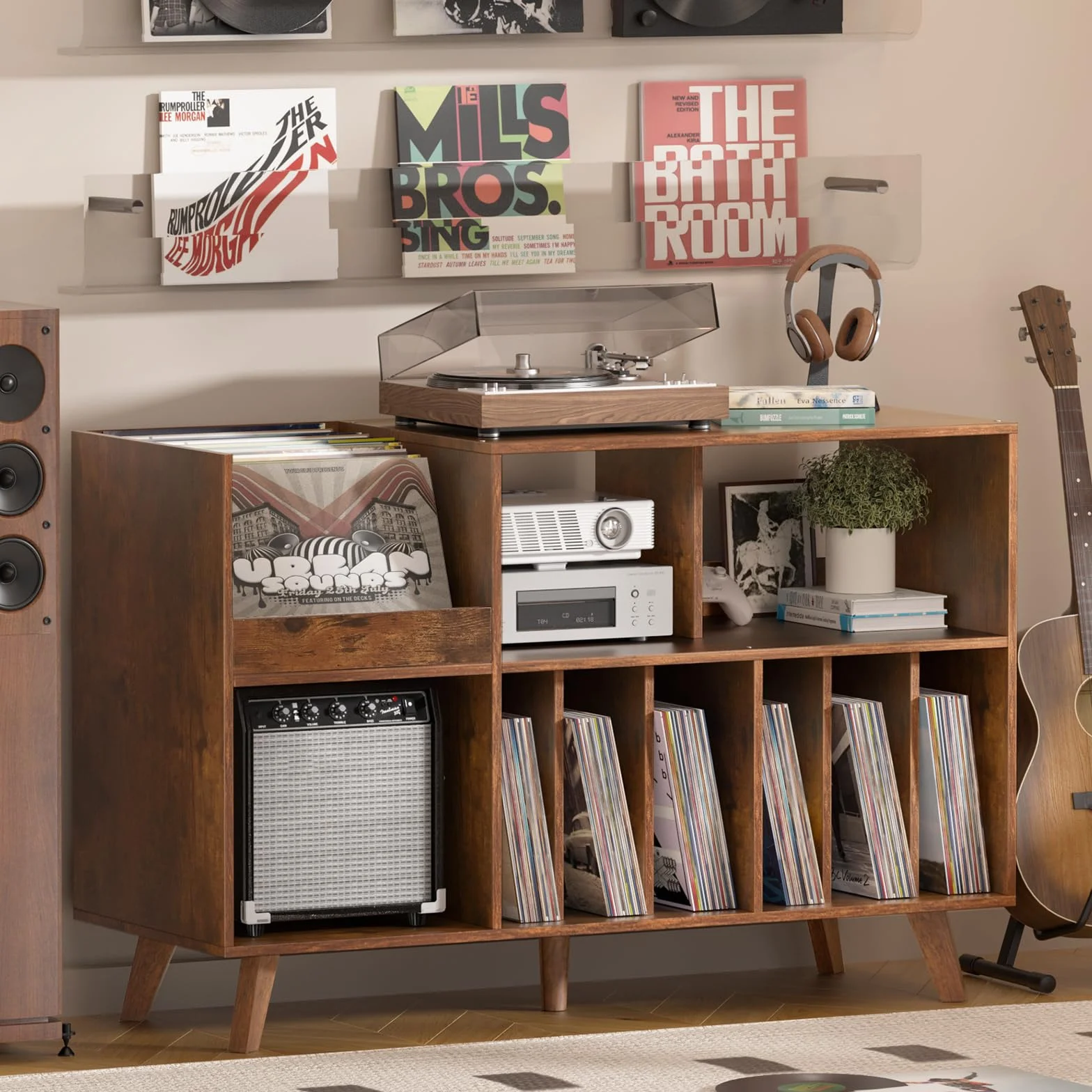LELELINKY Grand support de tourne-disque avec rangement, support en vinyle avec zone d'affichage, table de tourne-disque pouvant contenir jusqu'à 450 albums, support de disque pour salle de musique