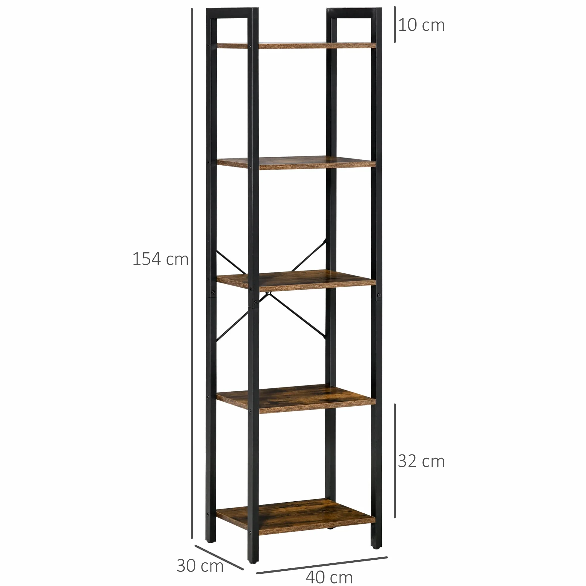 HOMCOM Étagère bibliothèque Style Industriel H154 cm 5 étagères Acier Noir Panneaux Particules Aspect Bois Vieilli
