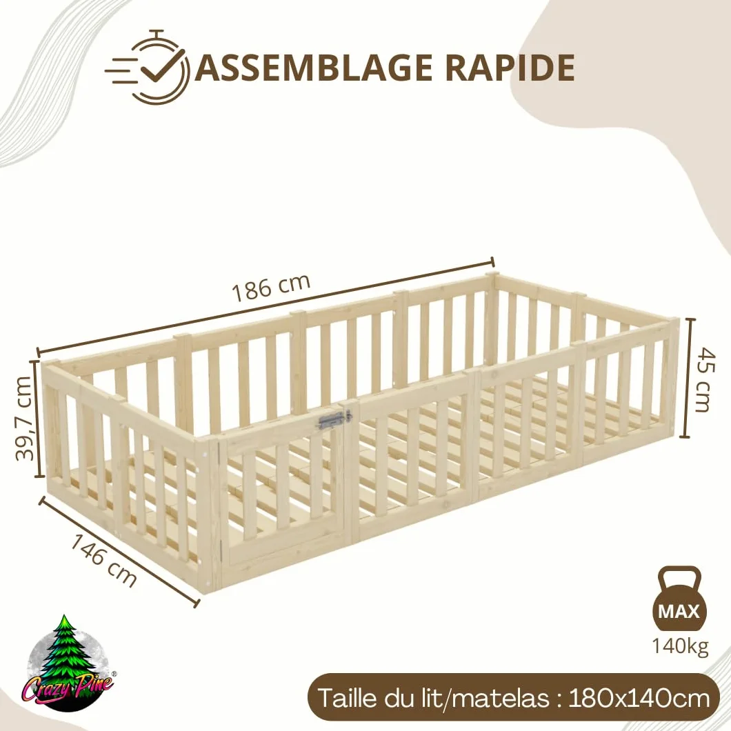 Lit Enfant 180x140 cm – Lit Montessori au Sol avec Barrière 40 cm et Barrière Amovible - Bois Blanc avec Surface Lisse - Parfait pour Garçons et Filles Crazy Johnny