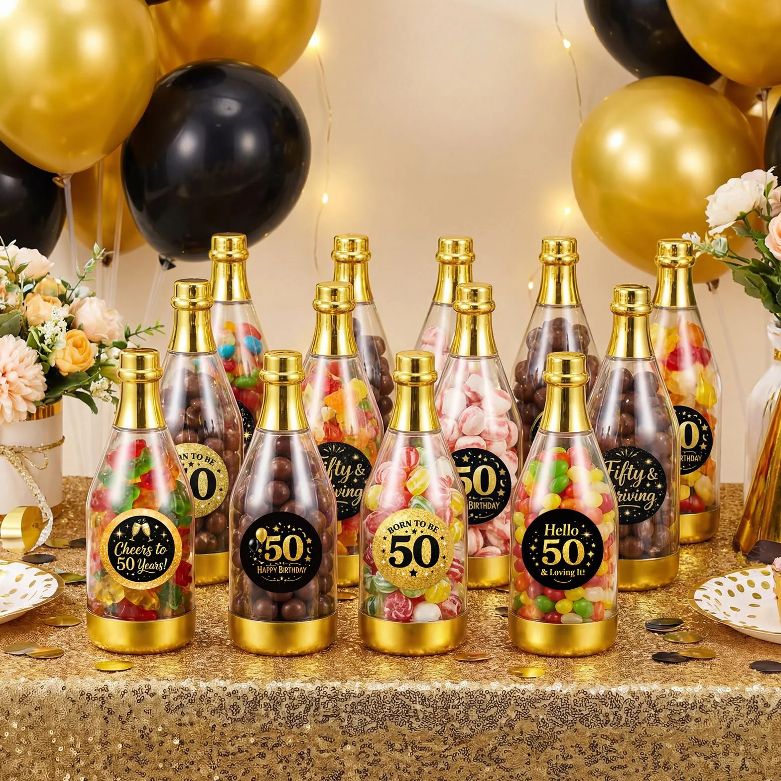 Domensi Lot de 24 mini bouteilles de champagne dorées pour 50e anniversaire avec 24 autocollants, décorations de fête de 50e anniversaire, petits récipients à friandises pour bonbons et bonbons, noir