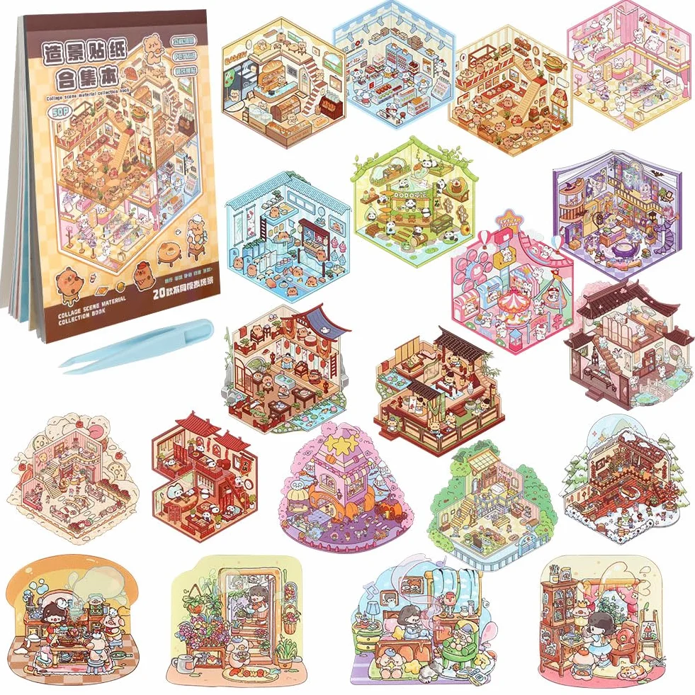 Vicloon Autocollants de Maison 3D, 50 Feuilles DIY Miniature Scène Anti-stress avec Pince