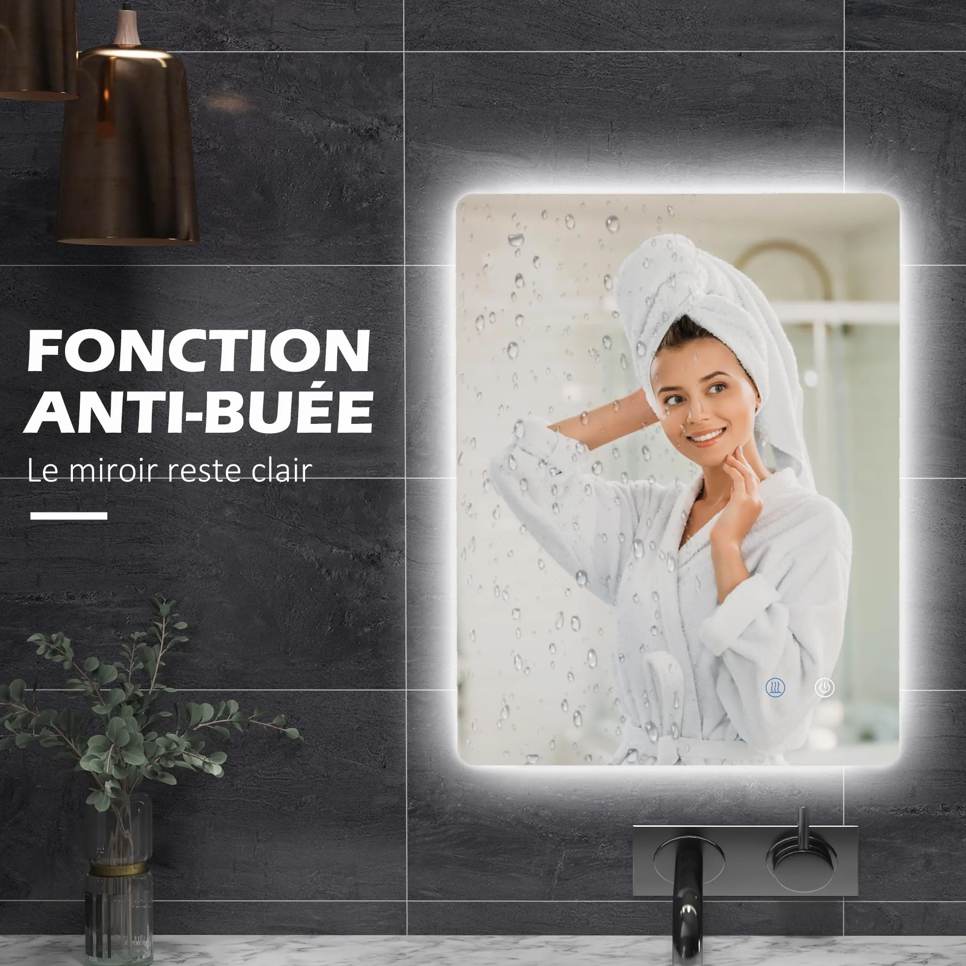 kleankin Miroir rectangulaire Mural Lumineux LED de Salle de Bain - 80 x 60 cm - 3 Couleurs, luminosité réglable Interrupteur Tactile système antibuée Blanc Transparent