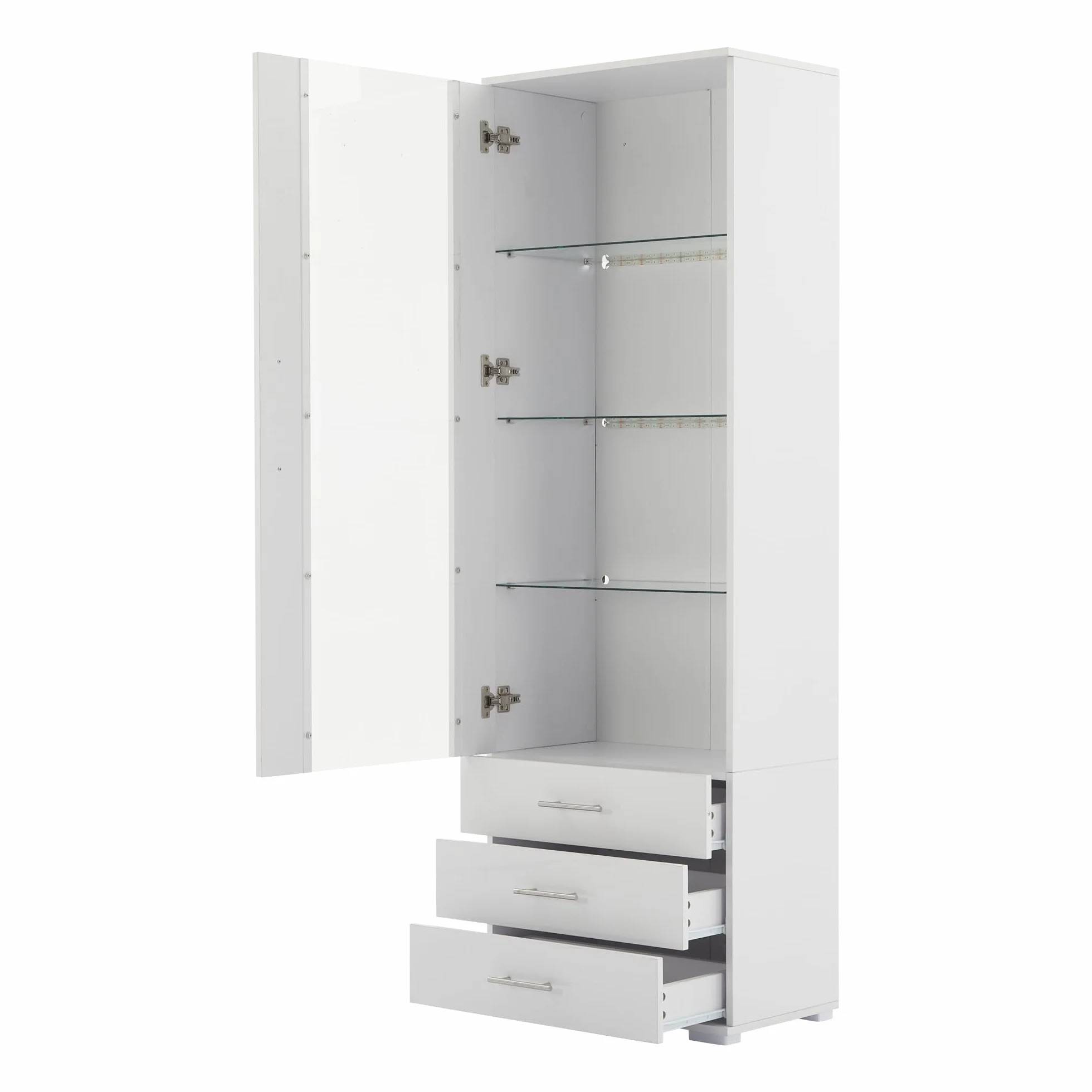 Merax Vitrine en verre avec éclairage LED blanc brillant avec portes et 3 tiroirs, armoire haute de 180 cm, armoire de cuisine, armoire polyvalente pour salon, chambre à coucher, bureau