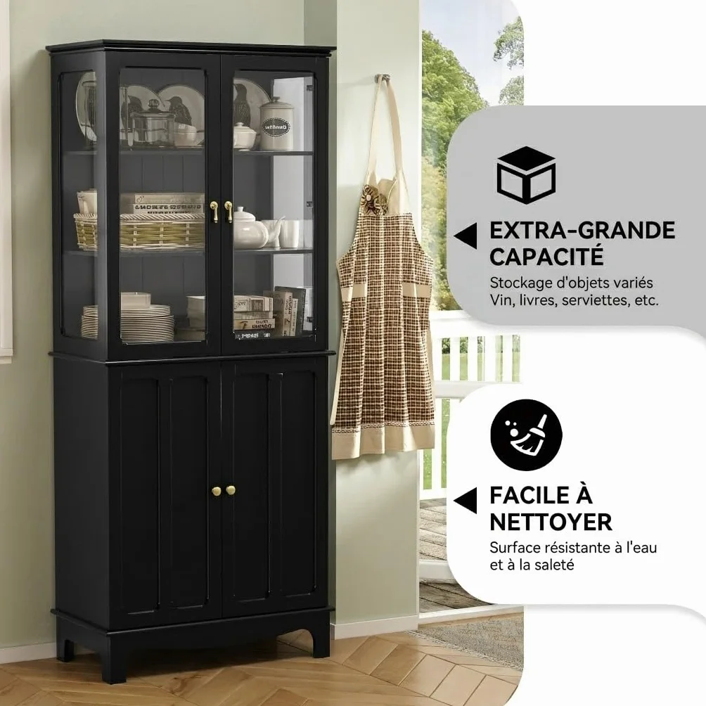 HOLTICO Armoire de Cuisine indépendante avec Porte en Verre, Armoire de Cuisine en Verre vitrines Armoire Haute avec Porte en Verre et étagères réglables pour Cuisine, 40P x 76L x 183H cm,Noir