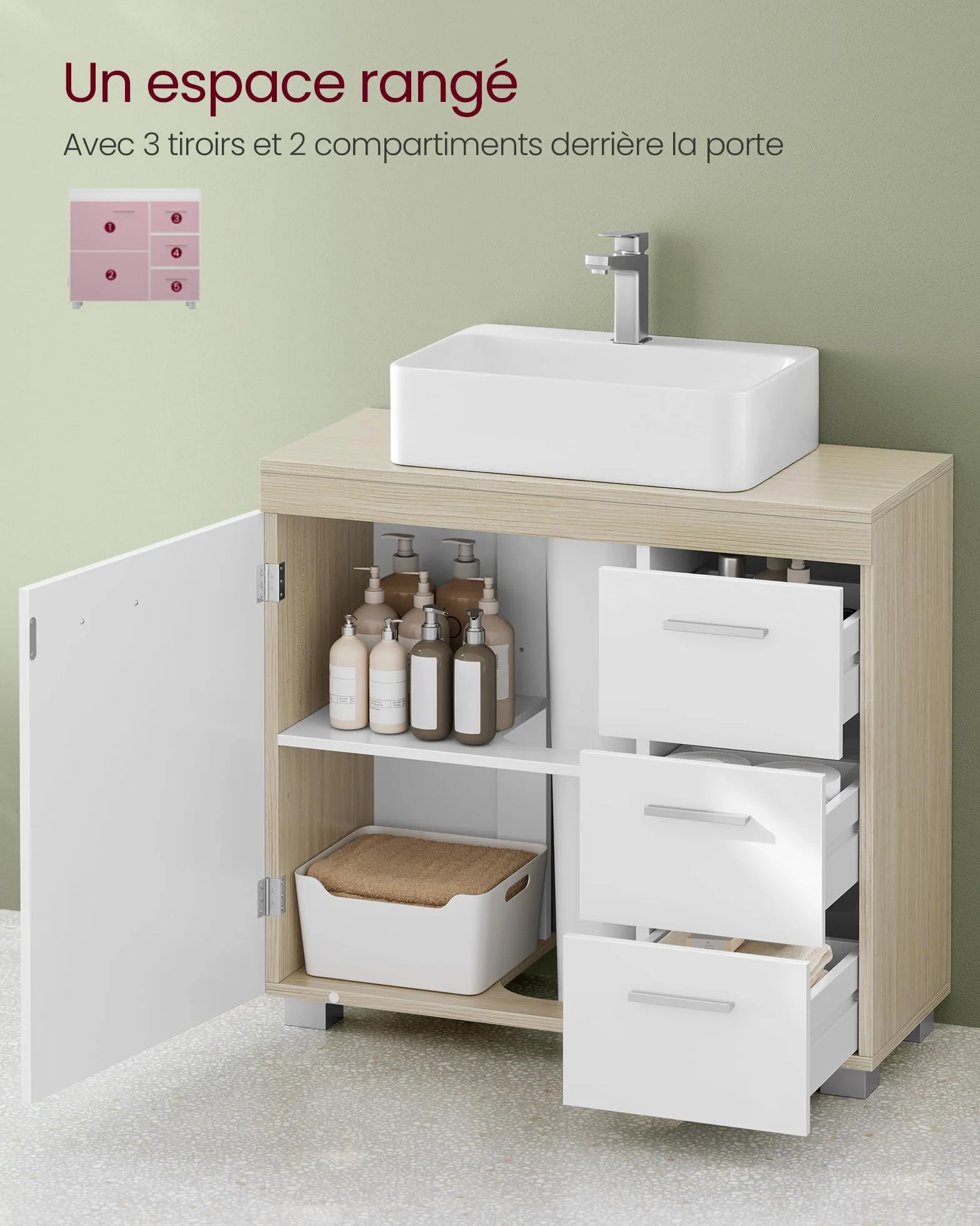 VASAGLE Meuble sous lavabo, Meuble de Salle de Bain, 3 Tiroirs Latéraux, 2 Cases derrière la Porte, pour Lavabos sur Colonne, avec Pieds, 30 x 70 x 64 cm, Blanc Nuage et Beige Naturel BBK504K01