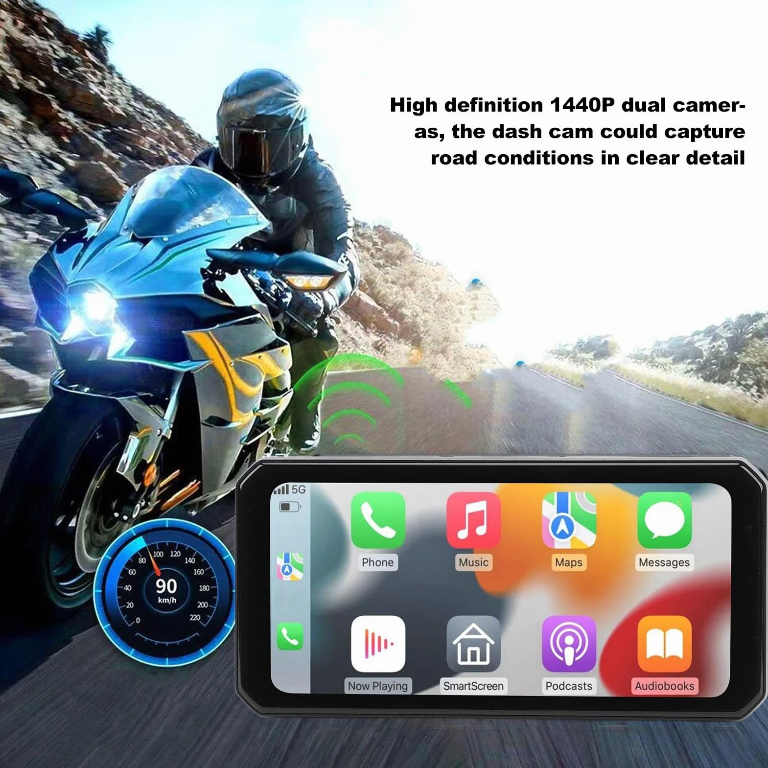 Kamera na deskę rozdzielczą Motocykla 1440P z Podwójnym Aparatem, Ekran 6,25 Cala z Przodu i z Tyłu Motocykla DVR, wodoodporność IP67, Bezprzewodowa Funkcja CarPlay i Auto, GPS,