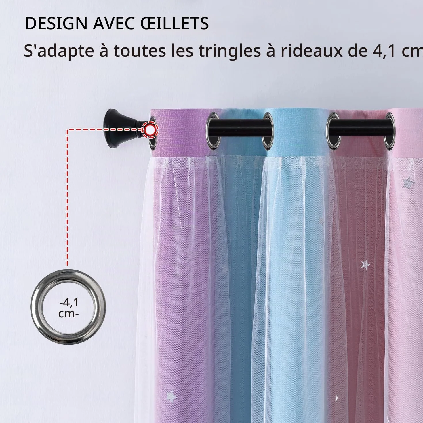 Rideaux Occultants Chambre Enfant XiDi avec Tulle Décoratif Motifs Étoilés 132x213 cm Rose Bleu Violet 2 Pièces