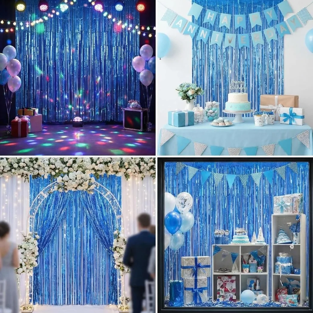 Lametta Métallique 1m x 2,5m Fond Photo Fête Anniversaire Fille Princesse Licorne Baby Shower Rose Photobooth Party (Bleu)