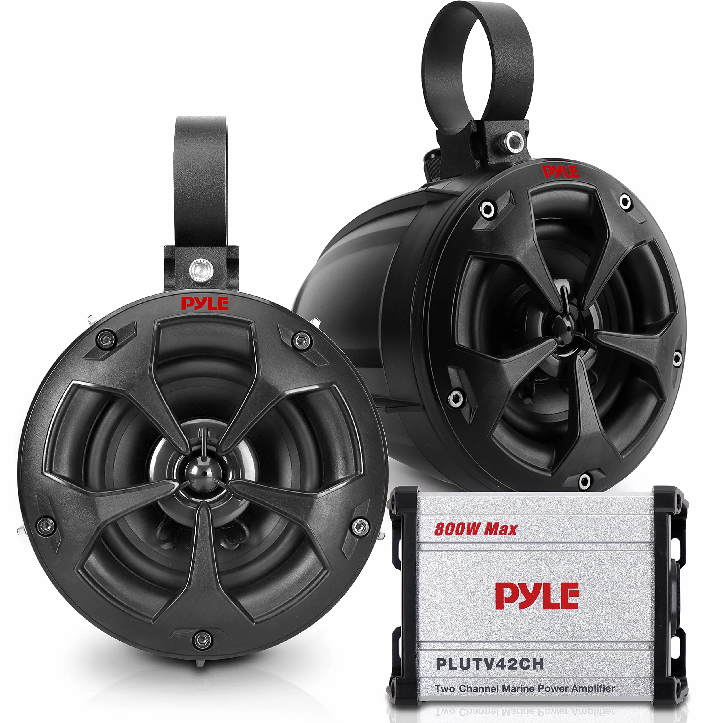 Pyle Głośniki morskie 800 W ze wzmacniaczem, wodoodporny, pełnozakresowy, wodoodporny system głośników stereo z kablem wejściowym audio RCA, AUX i MP3 do ATV, UTV, 4 x 4, quadów, jeepów, łodzi