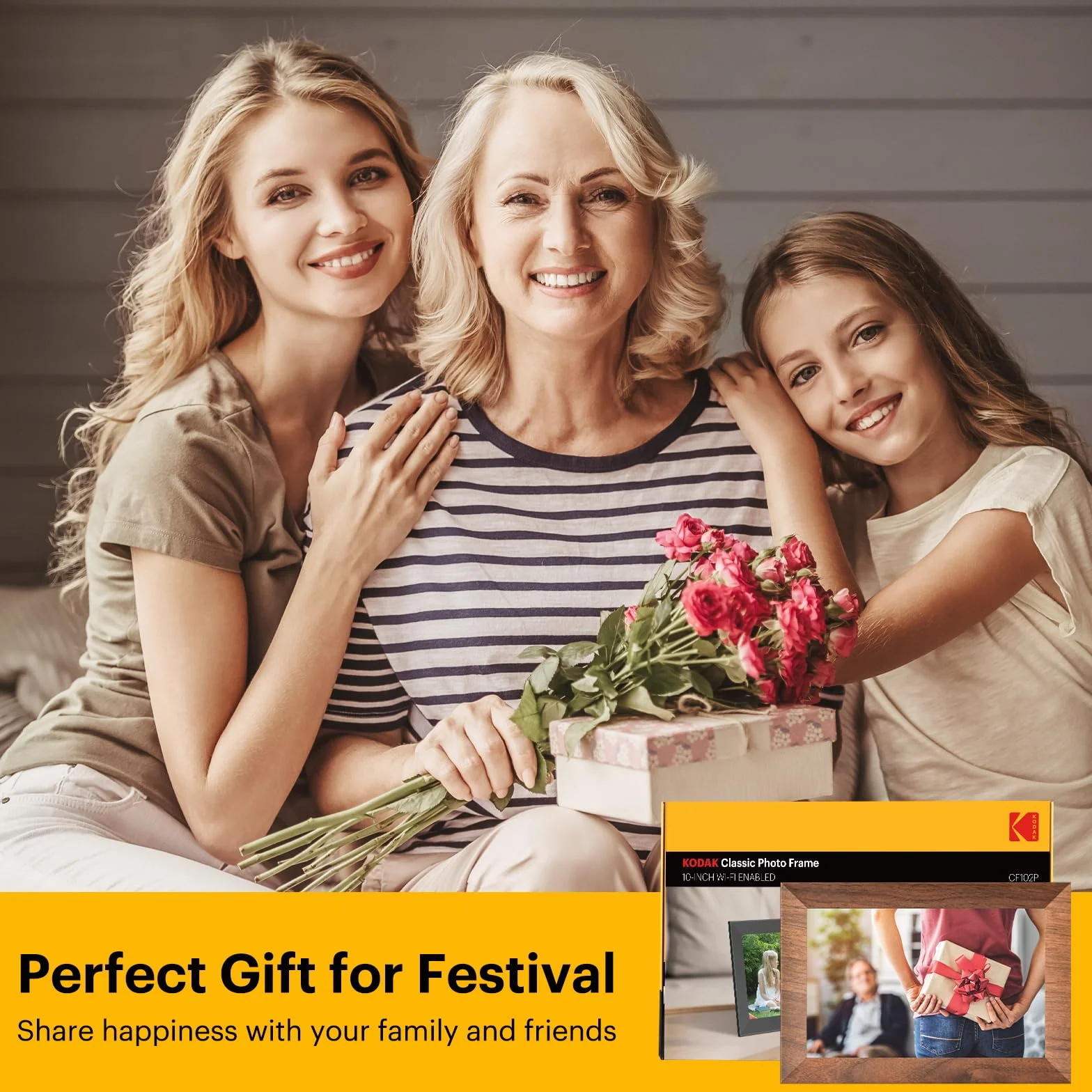 KODAK Cyfrowa ramka na zdjęcia Wi-Fi 10,1", ekran dotykowy HD IPS, elektroniczna ramka na zdjęcia z pamięcią 32 GB, automatyczne obracanie zdjęć, udostępnianie zdjęć lub filmów w dowolnym miejscu za