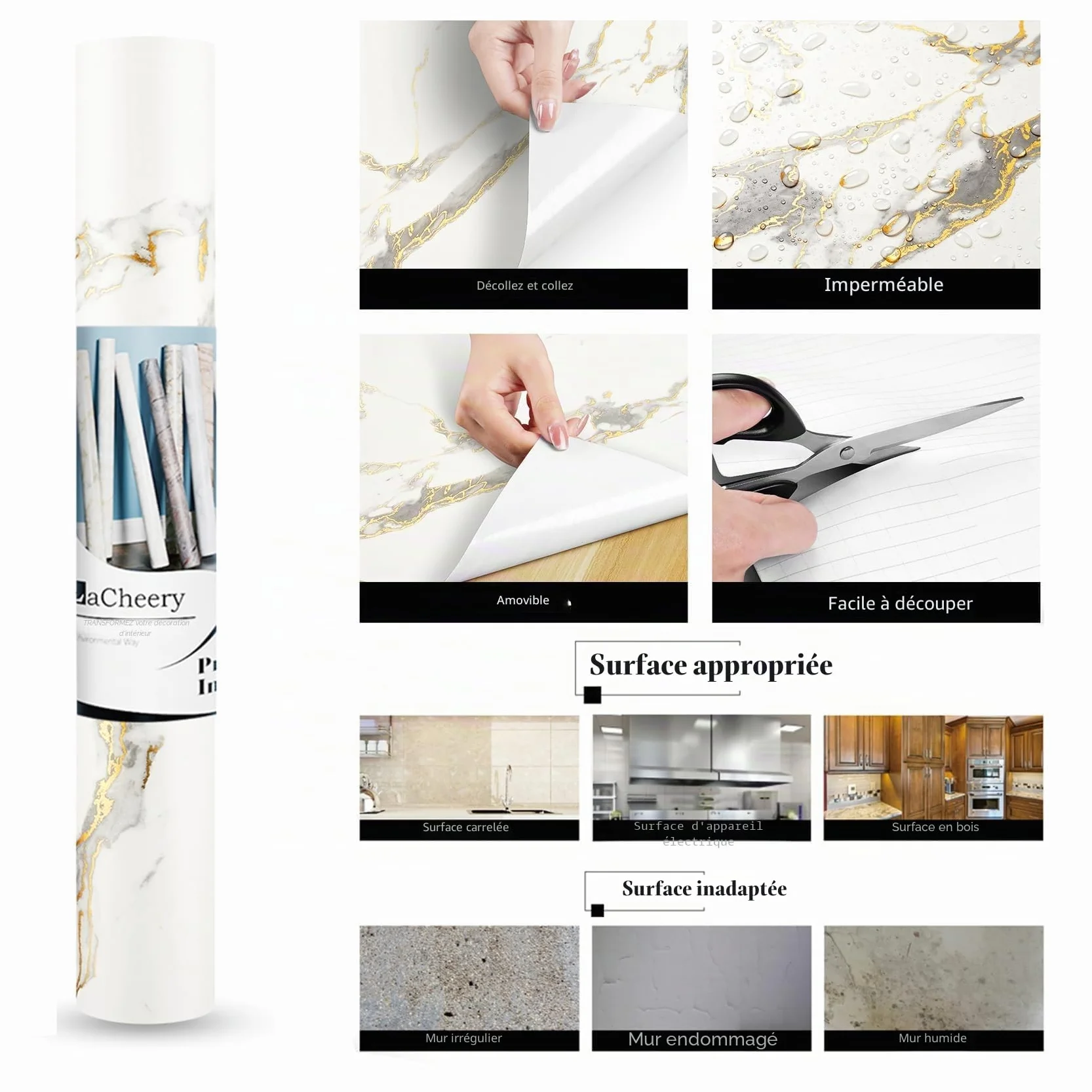 LACHEERY Film Adhésif Marbre Blanc Or 30cm x 400cm Papier Peint Vinyle pour Meuble Cuisine