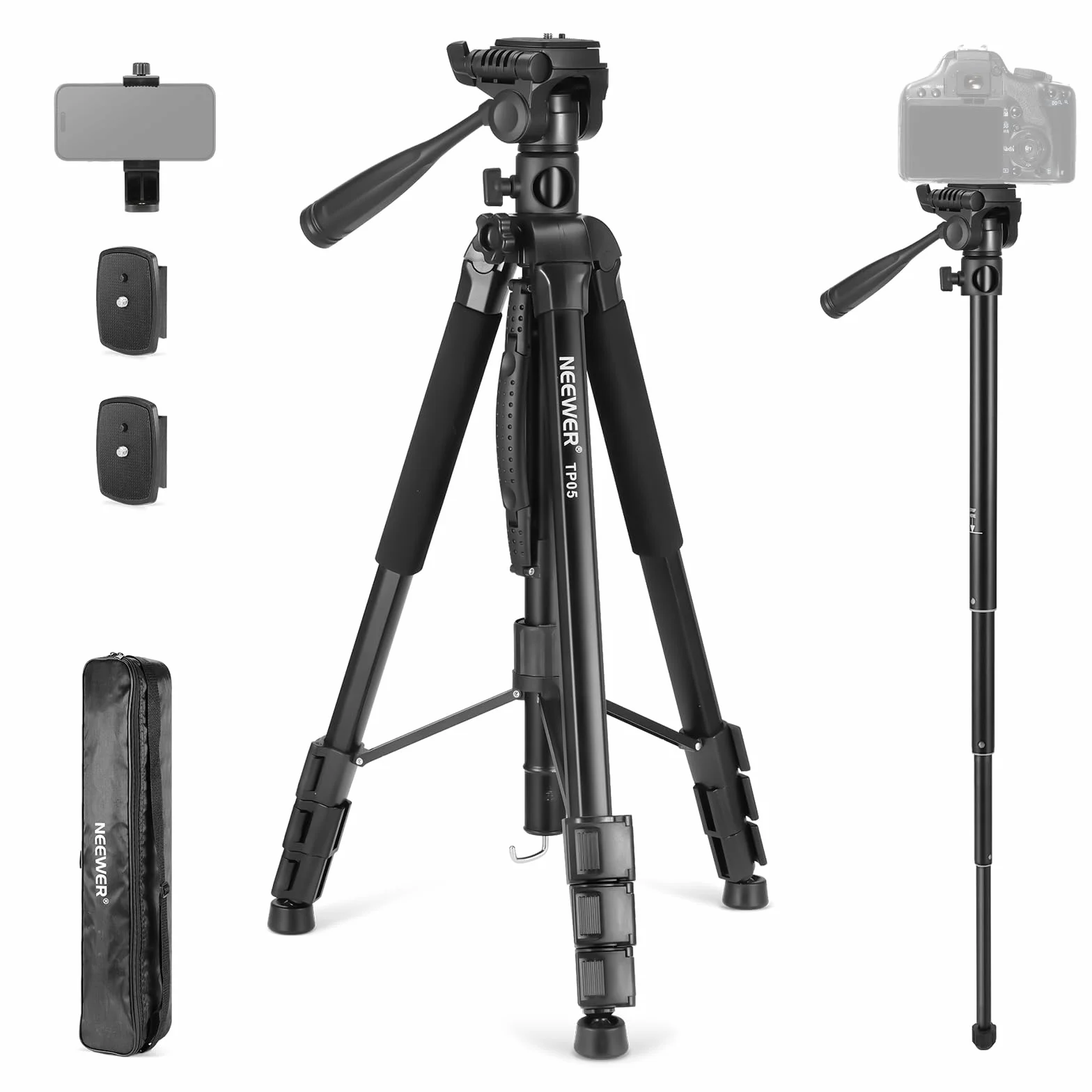 NEEWER BASICS TP05 188.0 cm statyw wideo monopod, 3-kierunkowy uchwyt na telefon z głowicą Pan Tilt, kompatybilny z iPhone DSLR, stojak do nagrywania podróży, uchwyt na kamerę górną, poprzeczkę