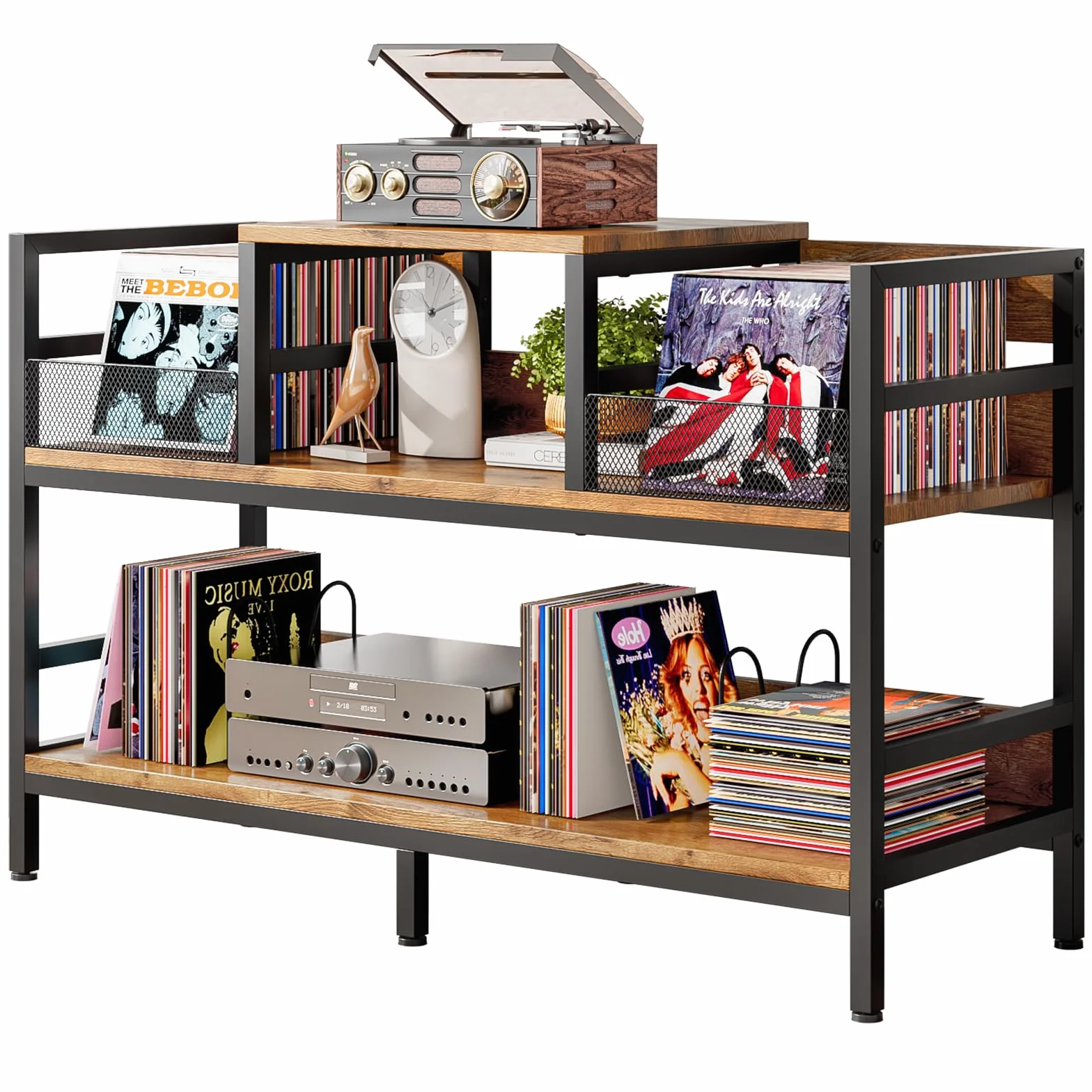 Meuble pour platine vinyle, rangement pour jusqu'à 350 albums, support pour platine avec 4 séparateurs, meuble de rangement pour disques vinyles pour salon et chambre
