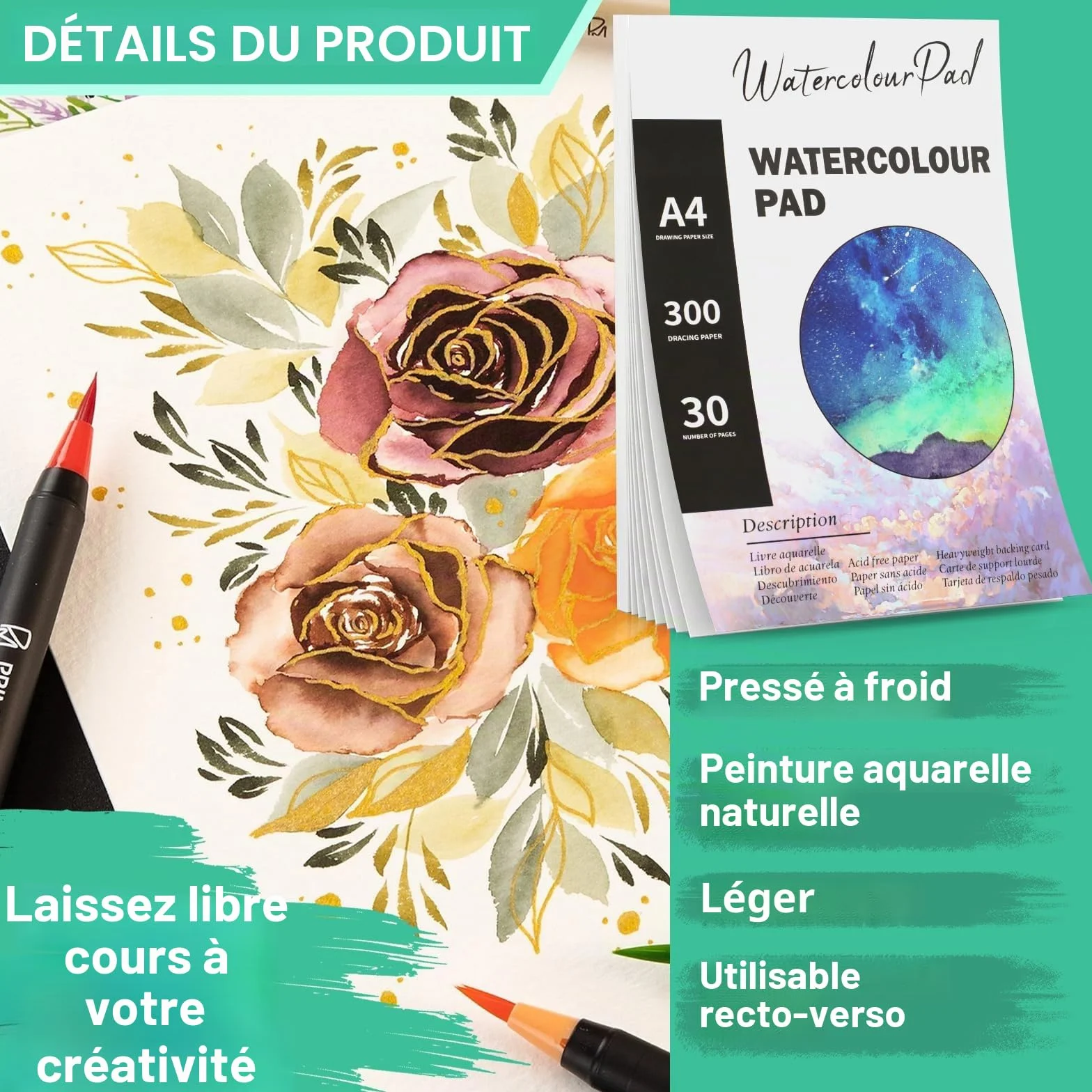Bloc de peinture A4 300 g/m² – 30 feuilles papier aquarelle pour artistes
