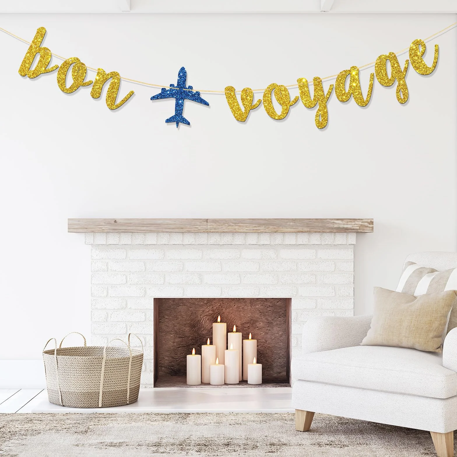 Bannière Bon Voyage – Banderole de fanions de fête sur le thème du voyage – Paillettes dorées