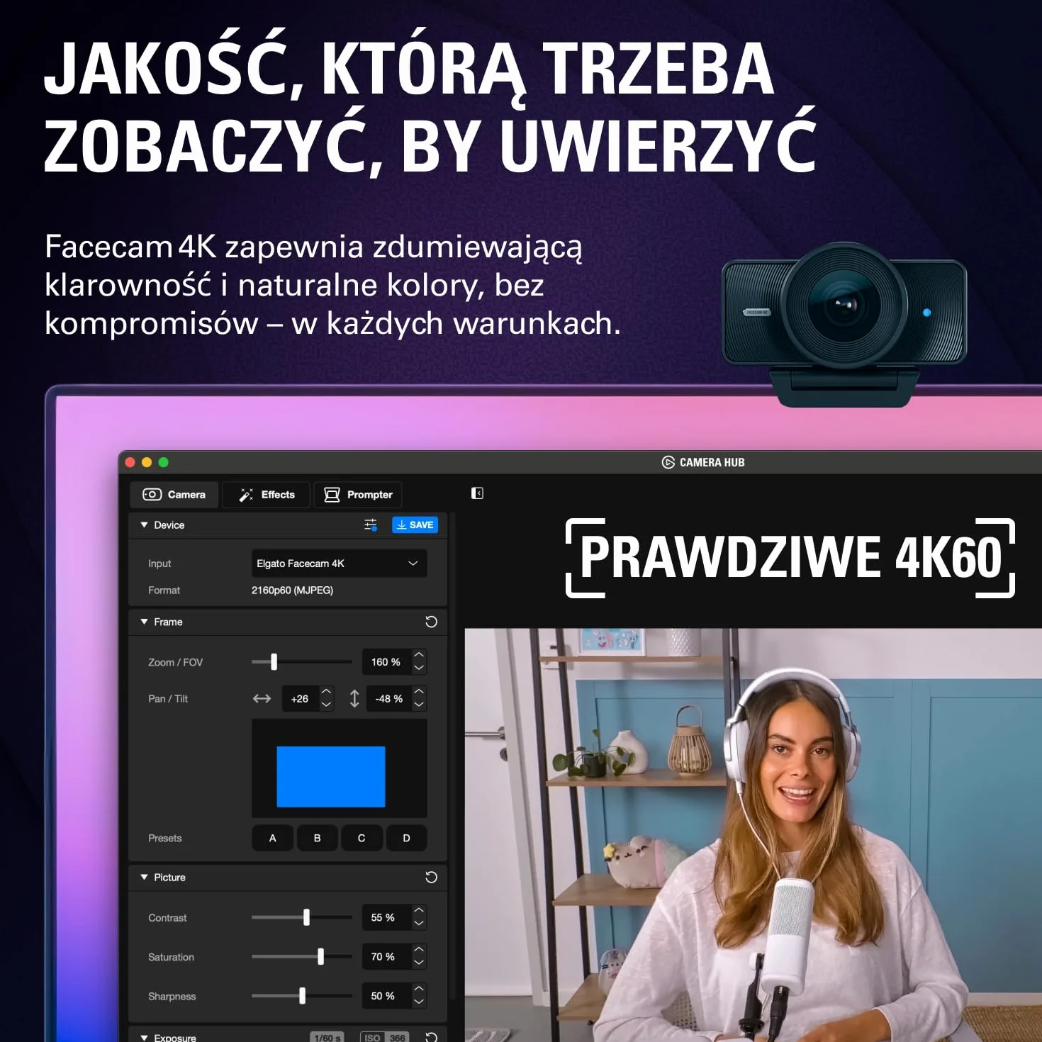 Elgato Facecam 4K - studyjna kamera internetowa 4K60, sterowanie jak DSLR, efekty filmowe, filtry obiektywowe 49 mm, HDR, nieskompresowany wideo, zoptymalizowany obszar ostrości | USB-C do PC i Mac