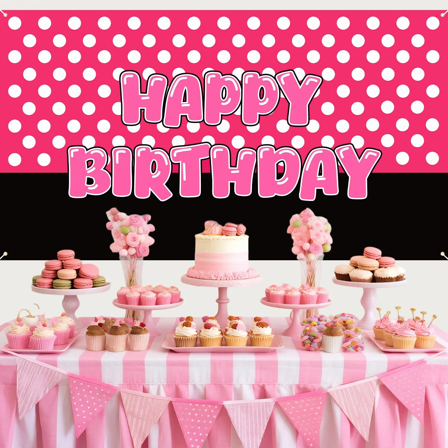 Bannière d'anniversaire Animaux Dessin Animé Noire et Rose Toile Fond Décoration Murale pour Filles
