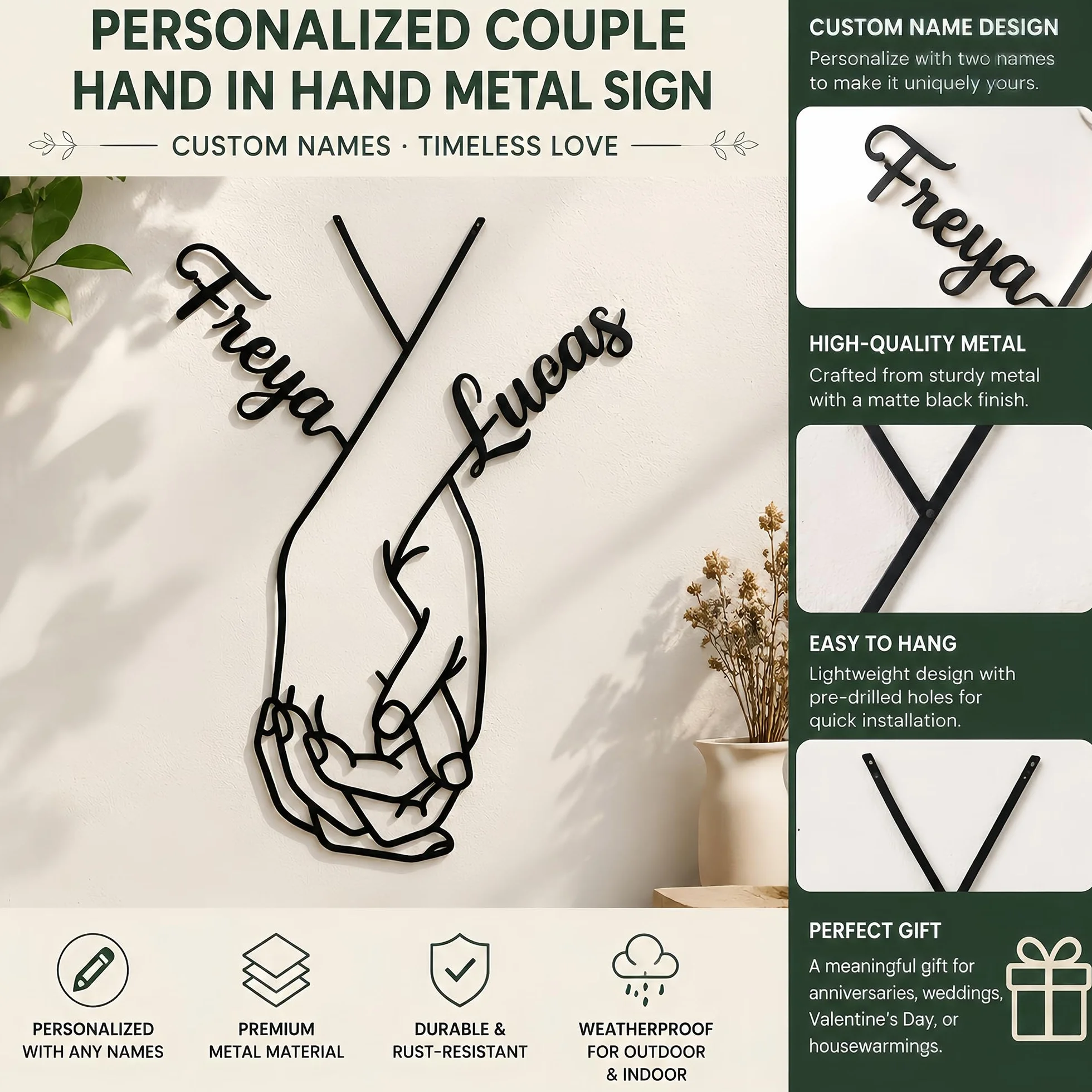 Pancarte Personnalisable Couple Main dans la Main, Signe d'Amour en Métal avec Nom, Cadeau Mariage Personnalisé, Décoration Murale pour Chambre